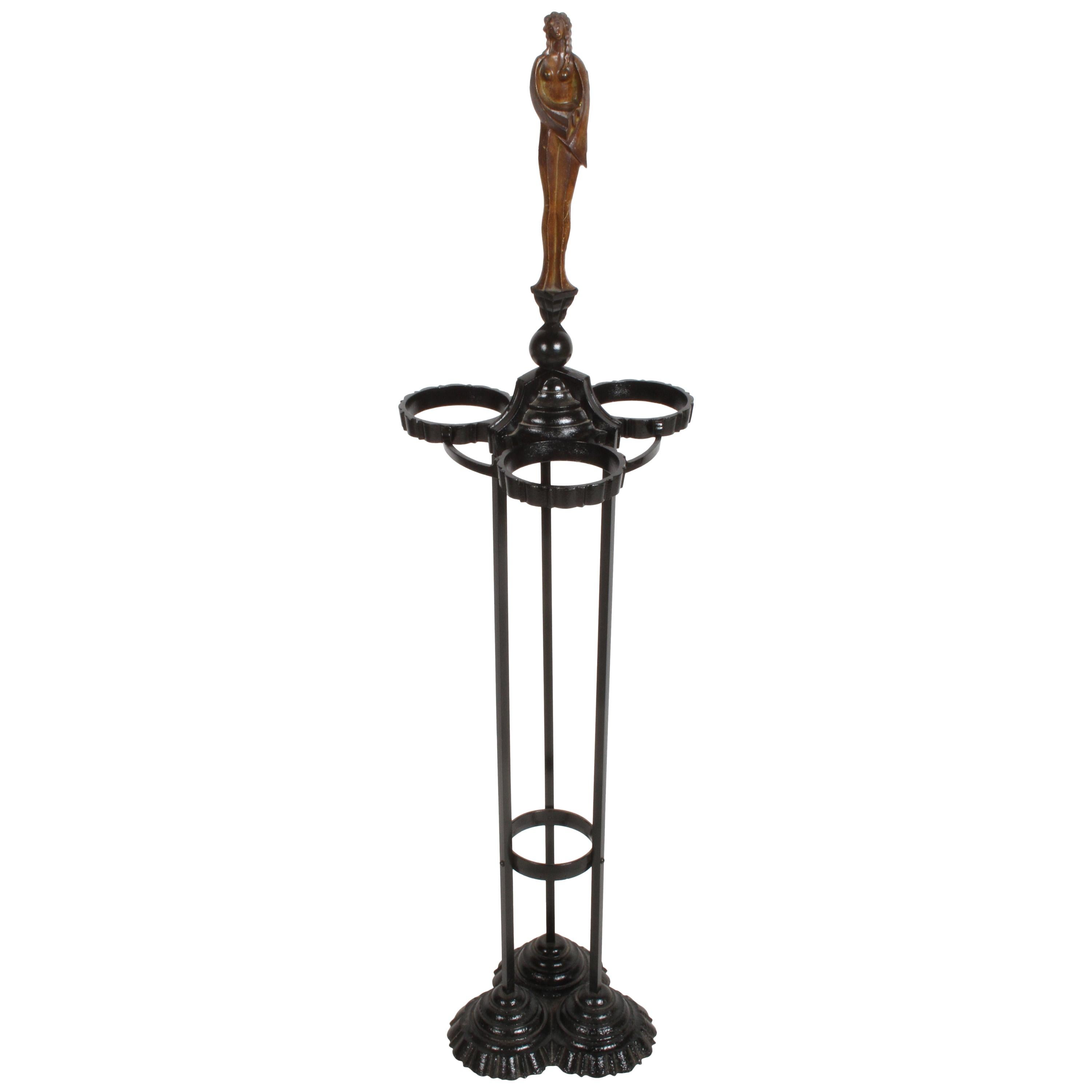 Art Deco Cast Iron Plant Stand with Nude Faux Bronze Female Statue For Sale