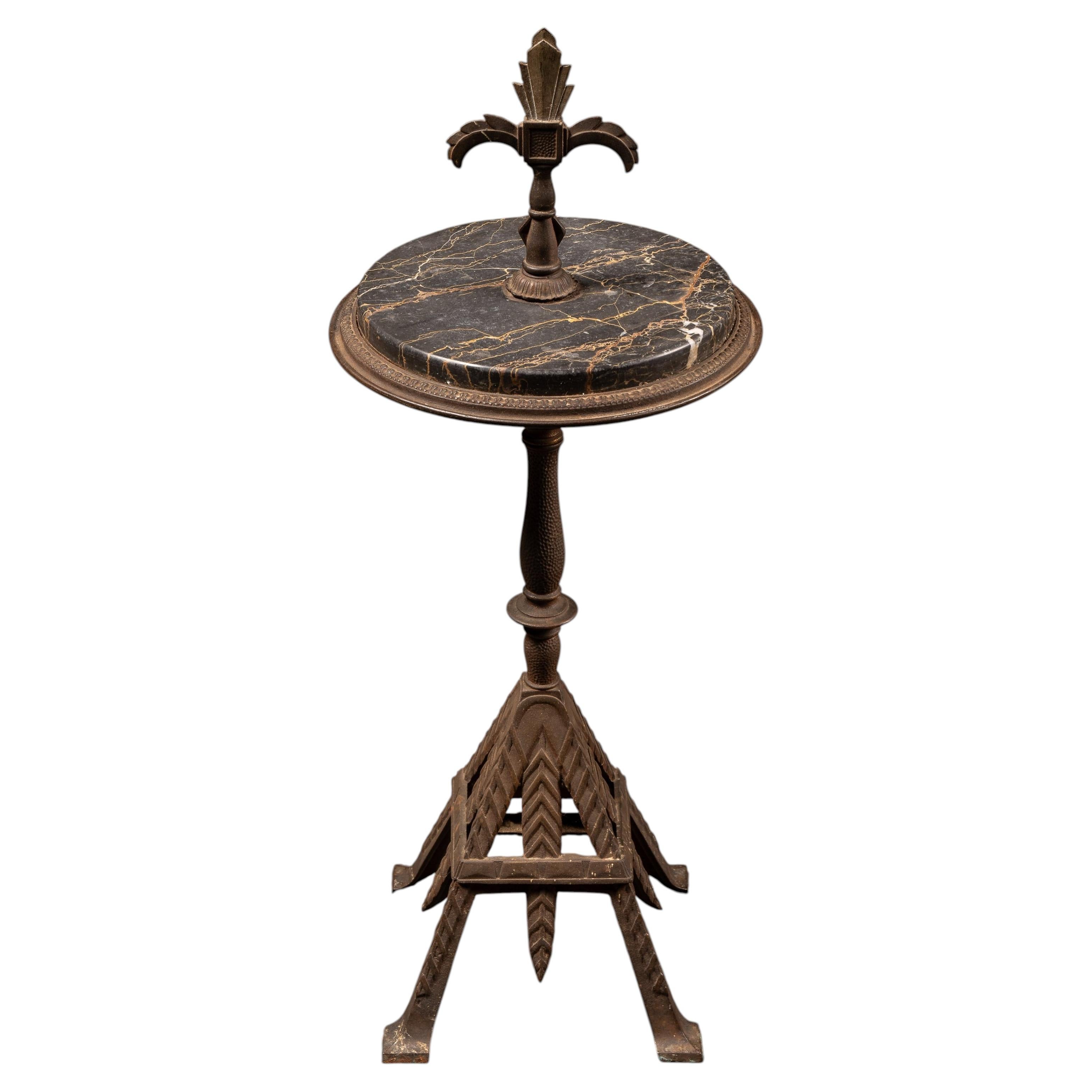 Art Deco Cast Iron & Potoro Marble Smoking Stand with Fleur-de-Lis Finial