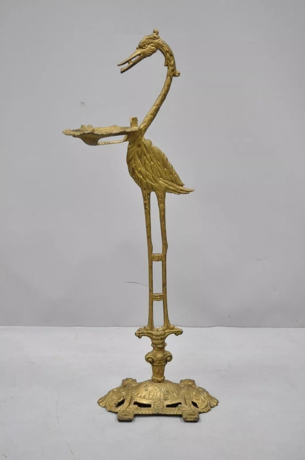 rt Deco Cast Iron Stork Ashtray Smoking Stand Crane Heron by Sandel. Item features gold painted finish, impressive stork/heron bird figure, stamp to bottom reads 
