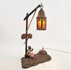 Art Deco Cast Spelter & Cold-Painted Inkwell & Table Lamp with Arabian Motif