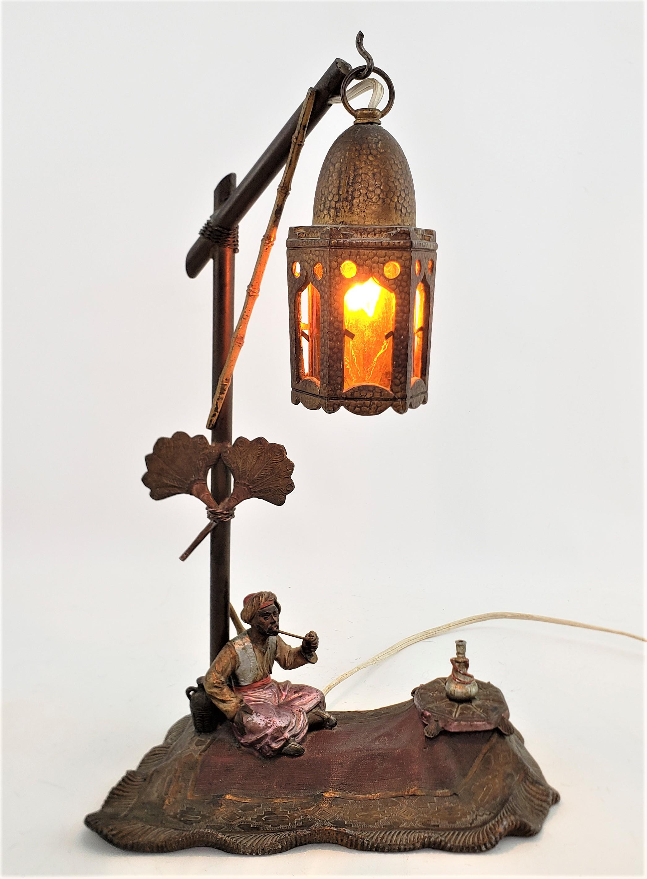 Austrian Art Deco Cast Spelter & Cold-Painted Inkwell & Table Lamp with Arabian Motif