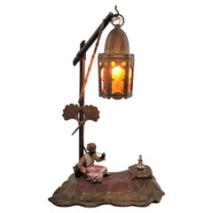 Art Deco Cast Spelter & Cold-Painted Inkwell & Table Lamp with Arabian Motif