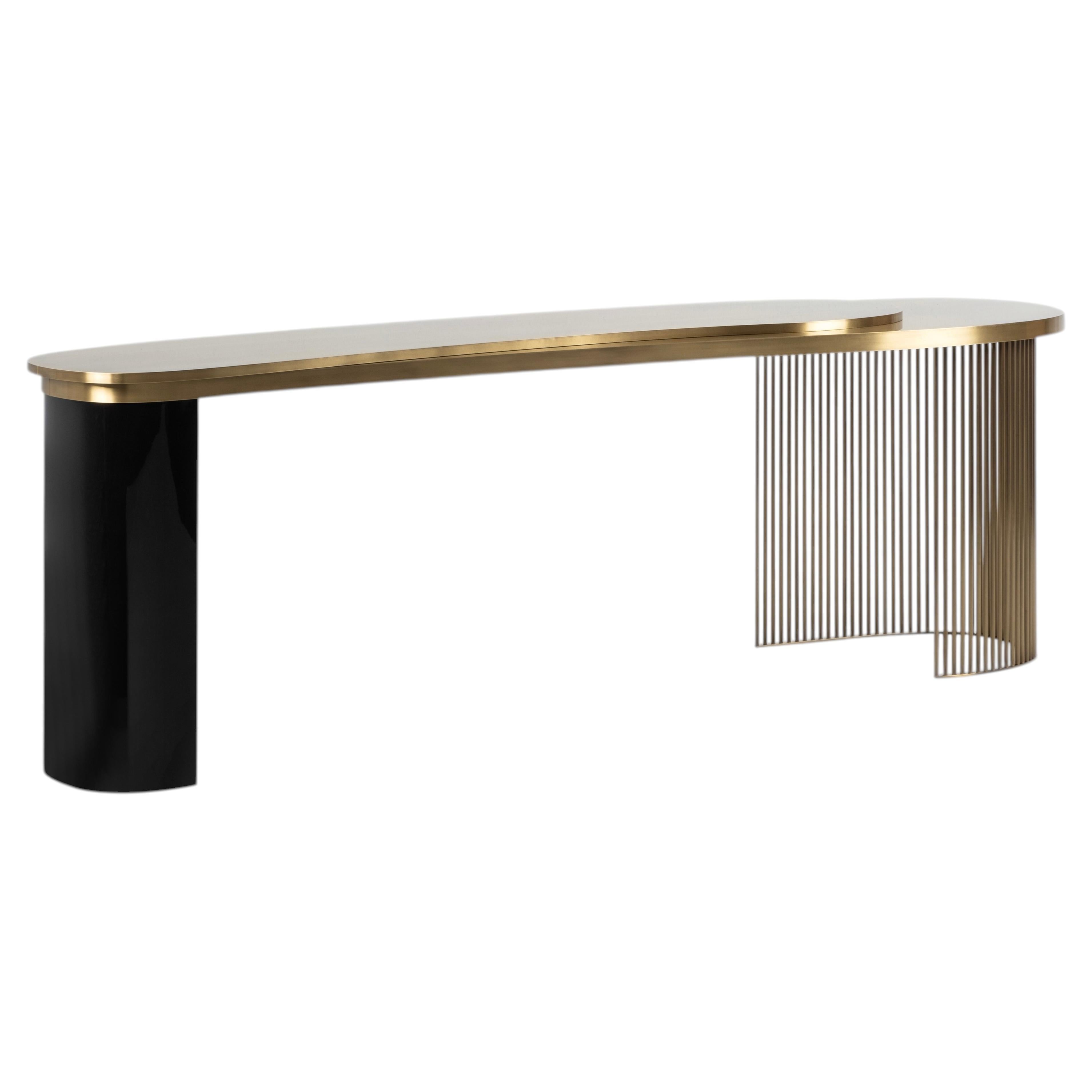 Art Deco Castelo Brass Console Table, Ebonized Beech, Handmade by Greenapple For Sale