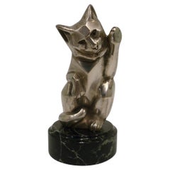 Art Deco Cat Sculpture Paperweight Silvered Bronze. Signed Rochard, France 1920
