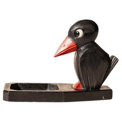 Antique Art Deco Crow Ashtray or Catchall with Match Holder, Painted Wood, France 1940s