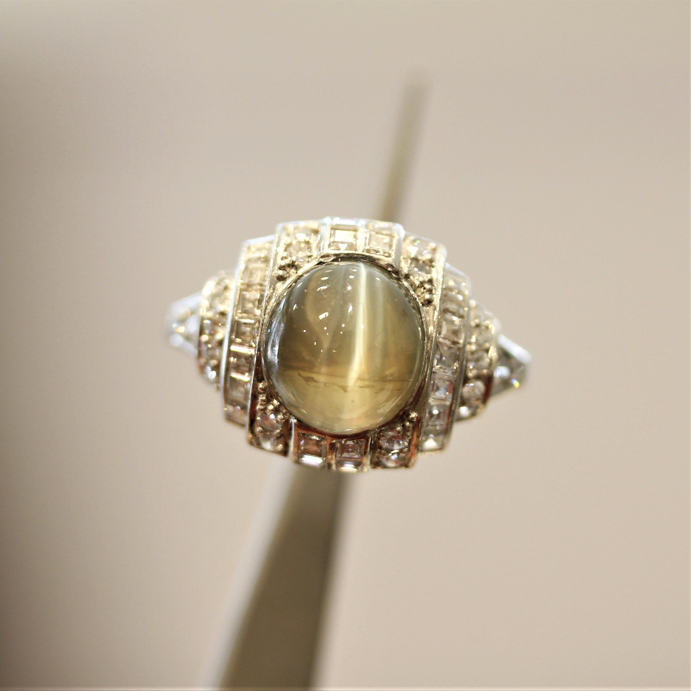 Mixed Cut Art Deco Cats Eye Chrysoberyl Diamond Platinum Ring For Sale