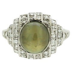 Antique Art Deco Cats Eye Chrysoberyl Diamond Platinum Ring