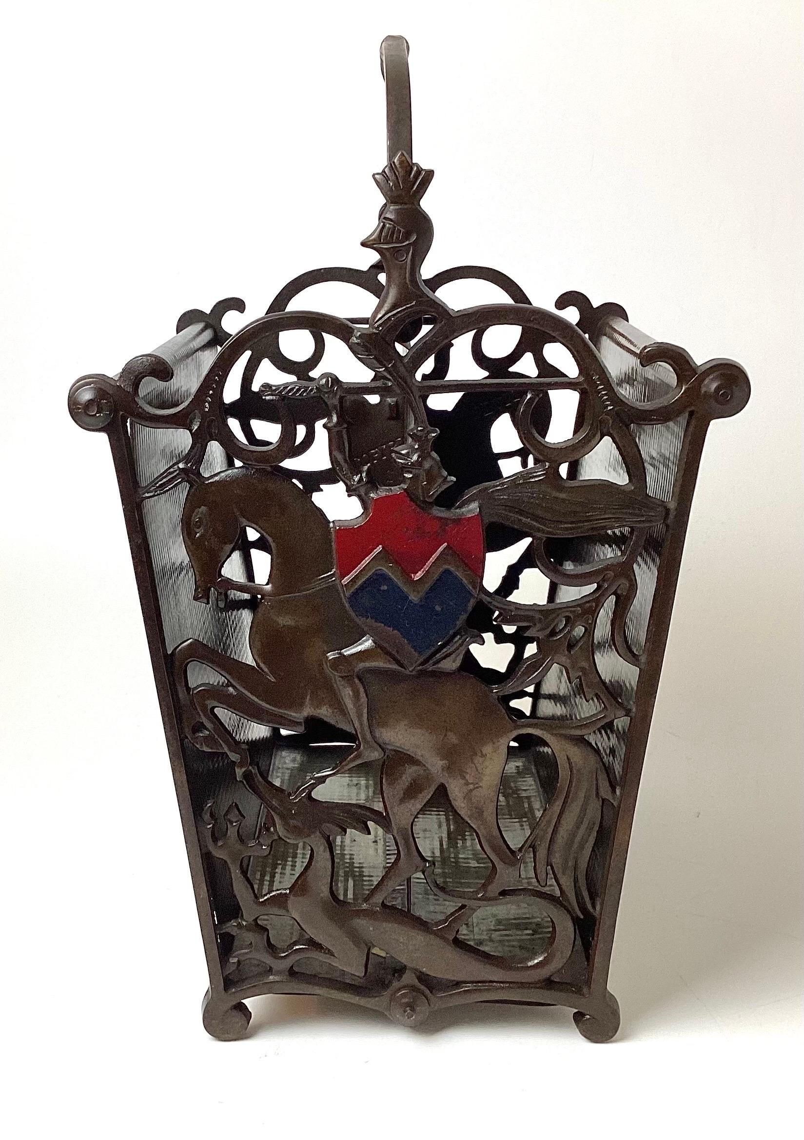 20th Century Art Deco Cats Iron Magazine Rack Holder with Horse and Shield For Sale