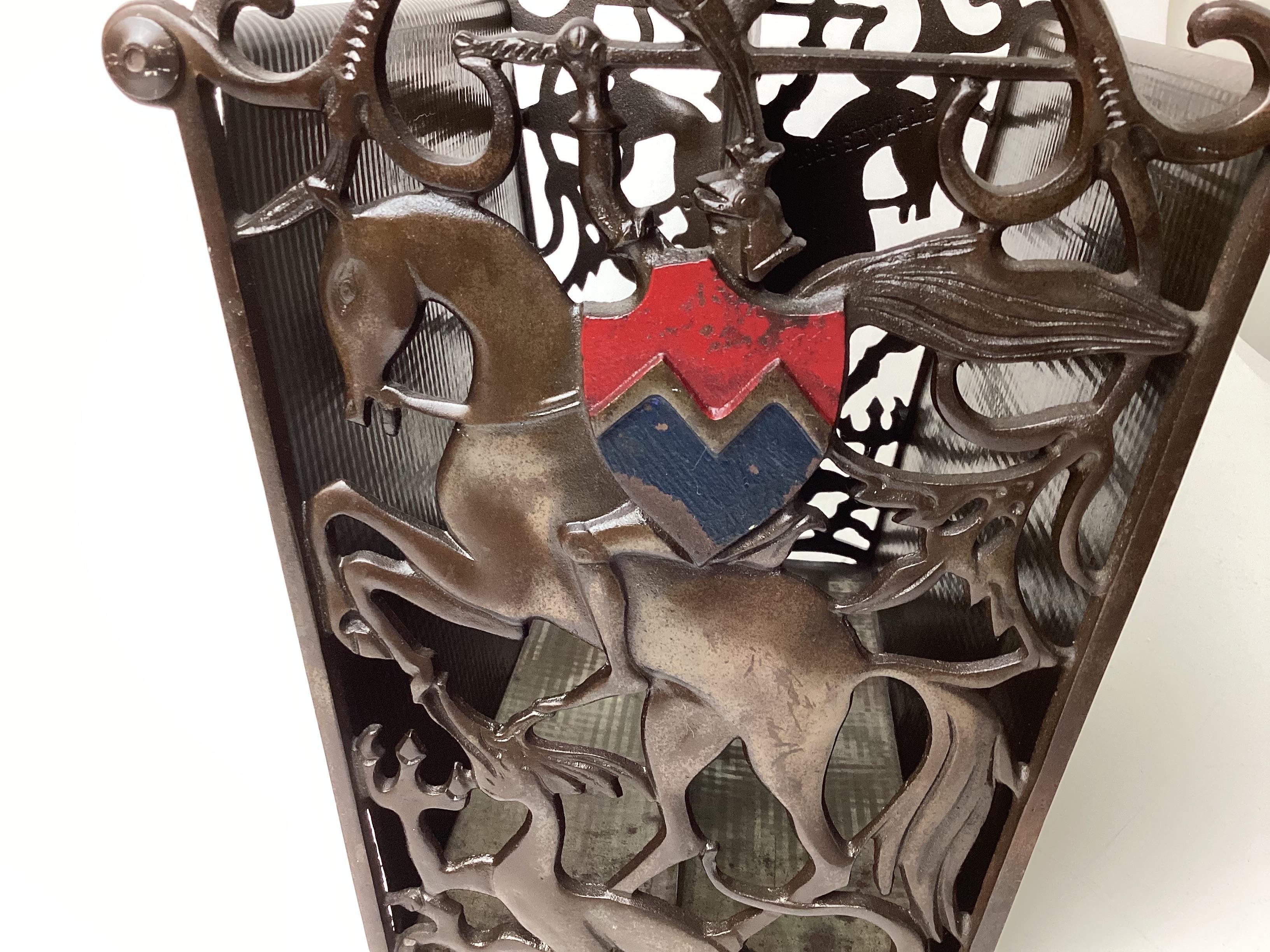 Art Deco Cats Iron Magazine Rack Holder with Horse and Shield For Sale 1