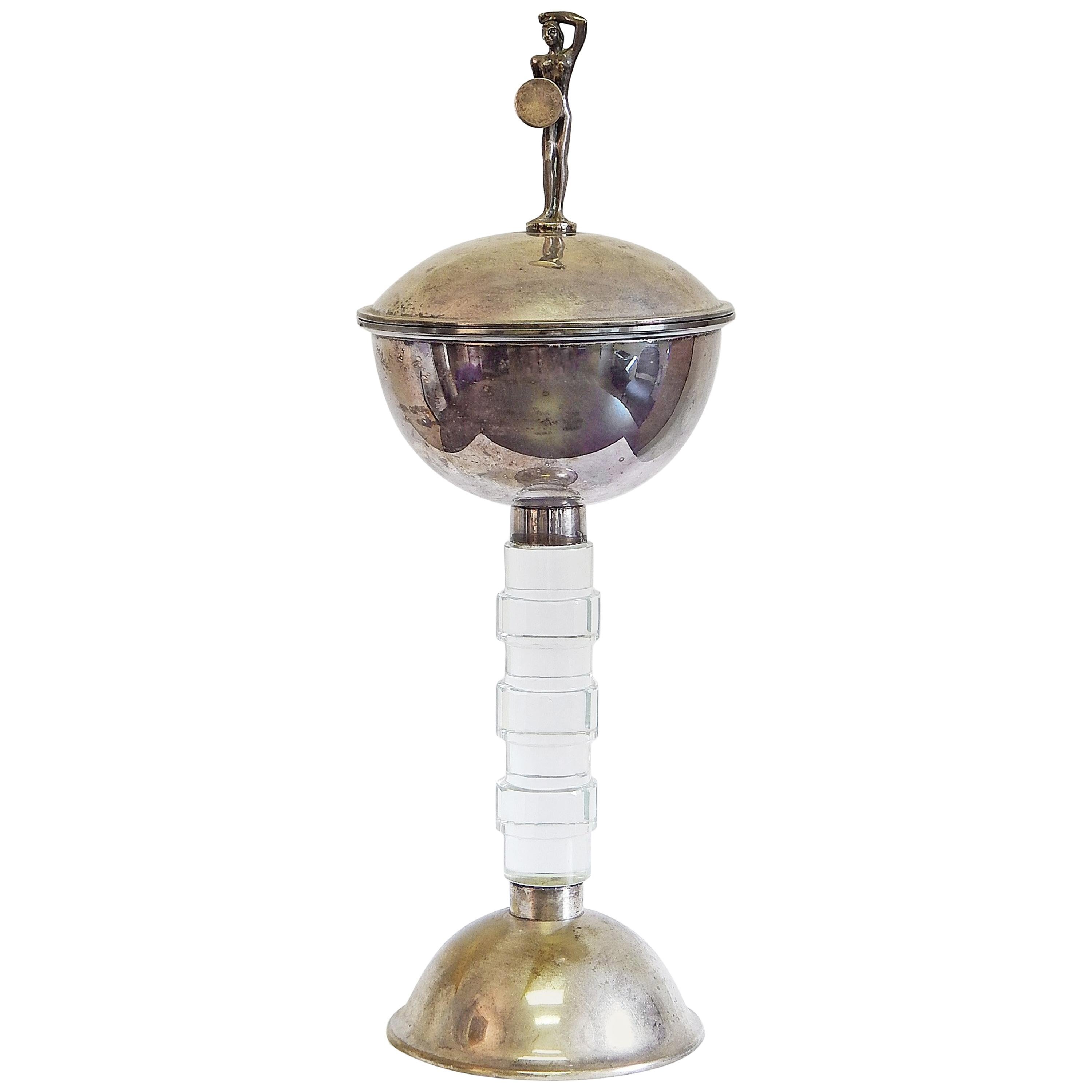 Art Deco Caviar Server Etruscan Style Female Nude, Silvered Brass & Lucite For Sale