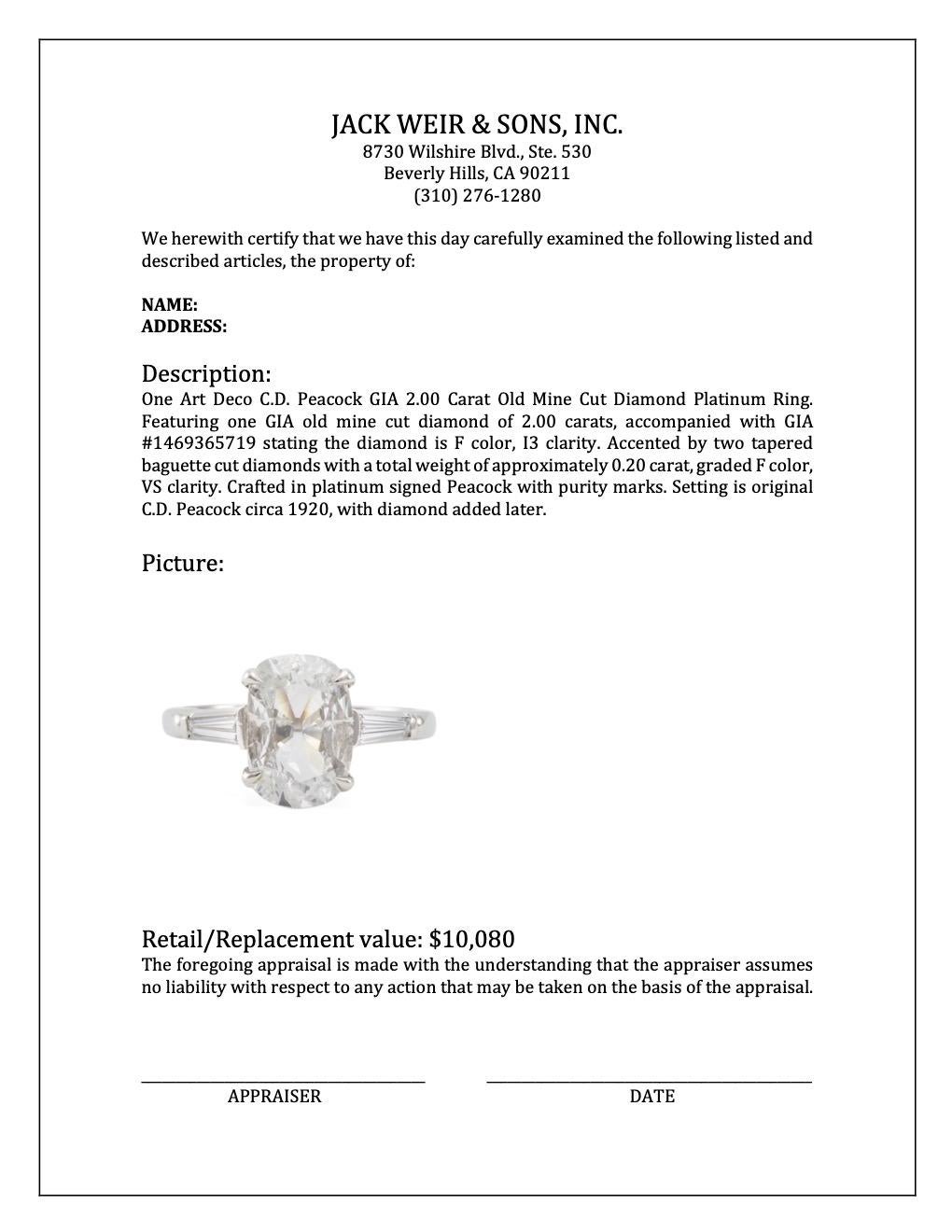 Art Deco C.D. Peacock GIA 2.00 Carat Old Mine Cut Diamond Platinum Ring 3