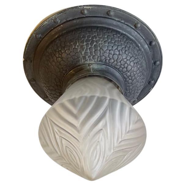 Art Deco Ceiling Flush Mount in Aligator Metal and Glass, 1920s For Sale