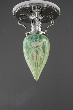 Art Deco Deckenlampe Alpaka (weißes Metall) mit altem Opalglas 1920er Jahre