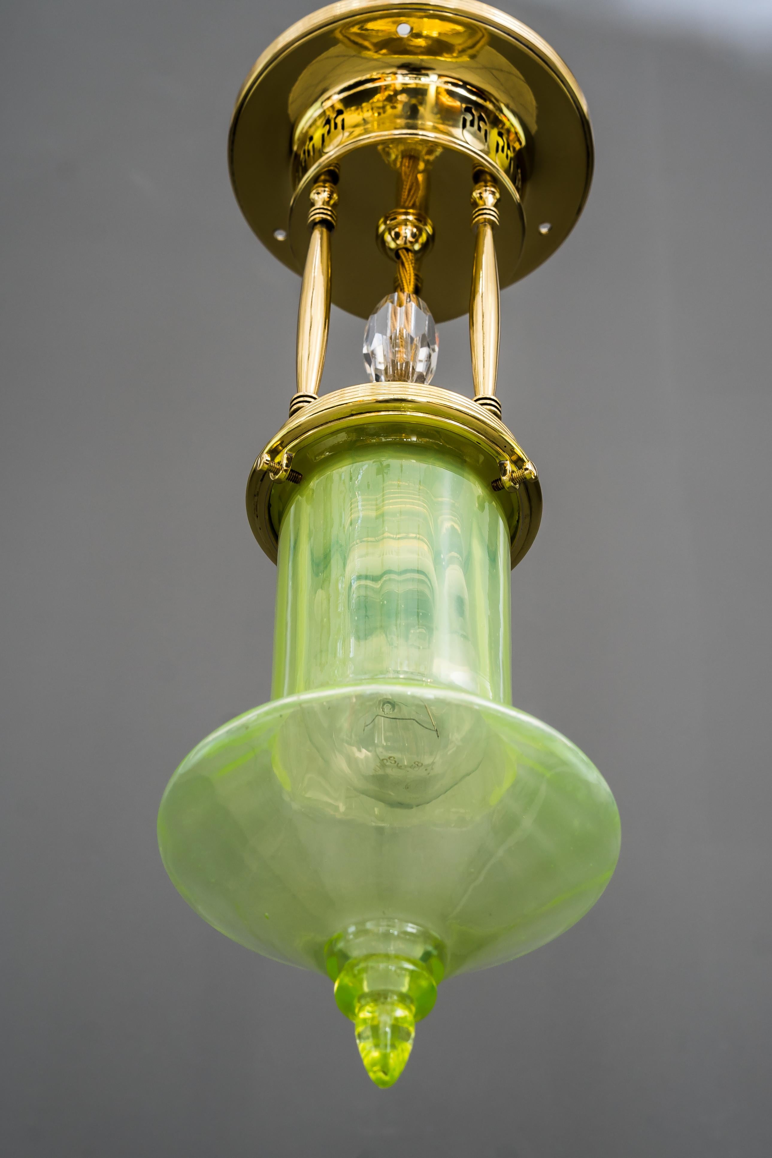 Brass Art Deco Ceiling Lamp Around 1920s with Original Opaline Glass Shade