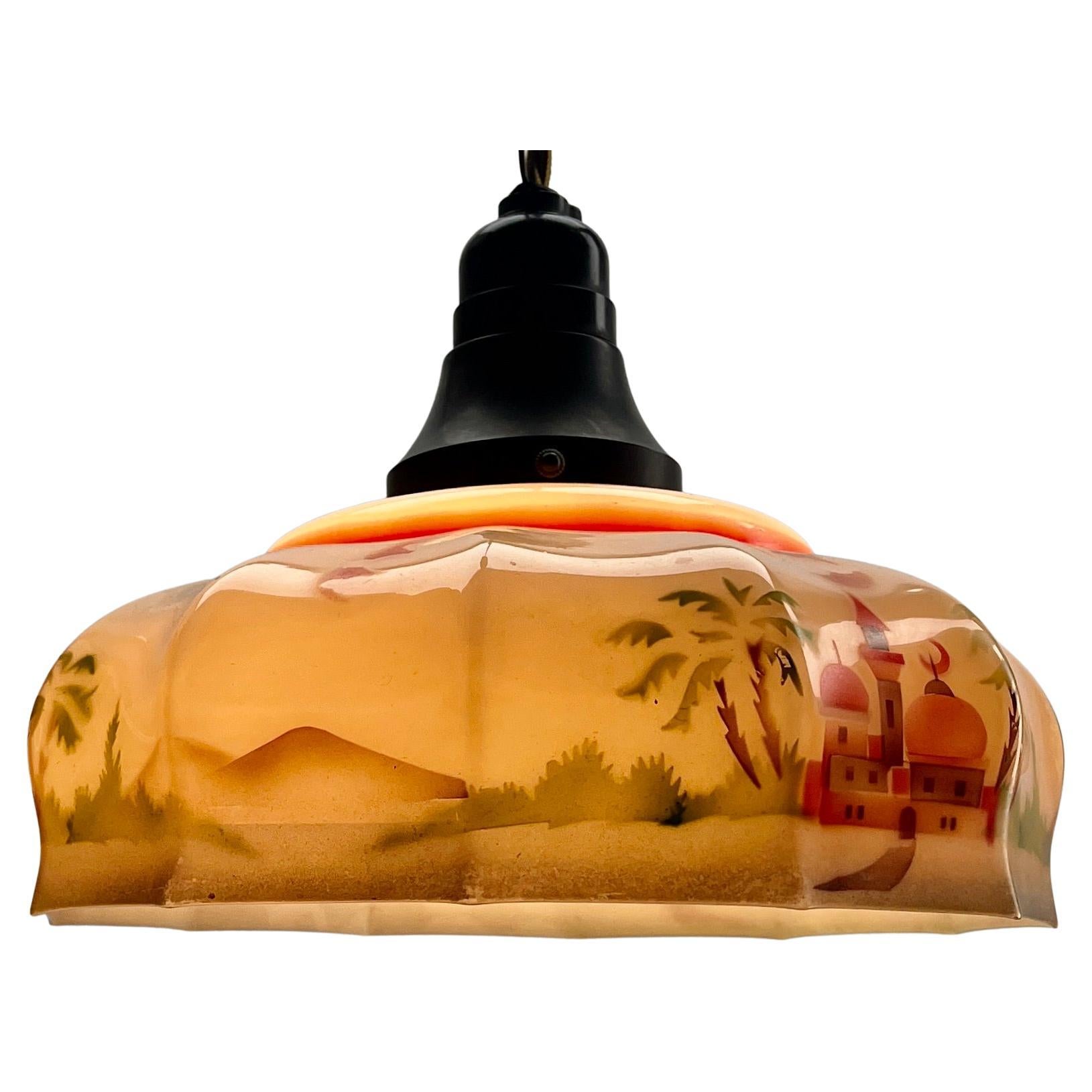Belgian Art Deco Ceiling Lamp Bakelite fitting E27 Scailmont Belgium Glass Shade, 1930s For Sale