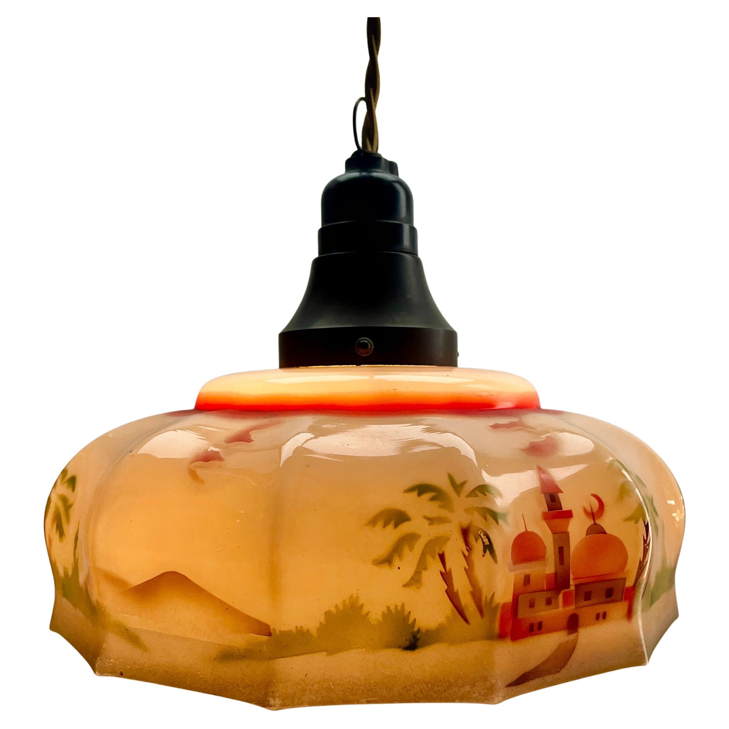 Art Deco Ceiling Lamp Bakelite fitting E27 Scailmont Belgium Glass Shade, 1930s In Good Condition For Sale In Verviers, BE