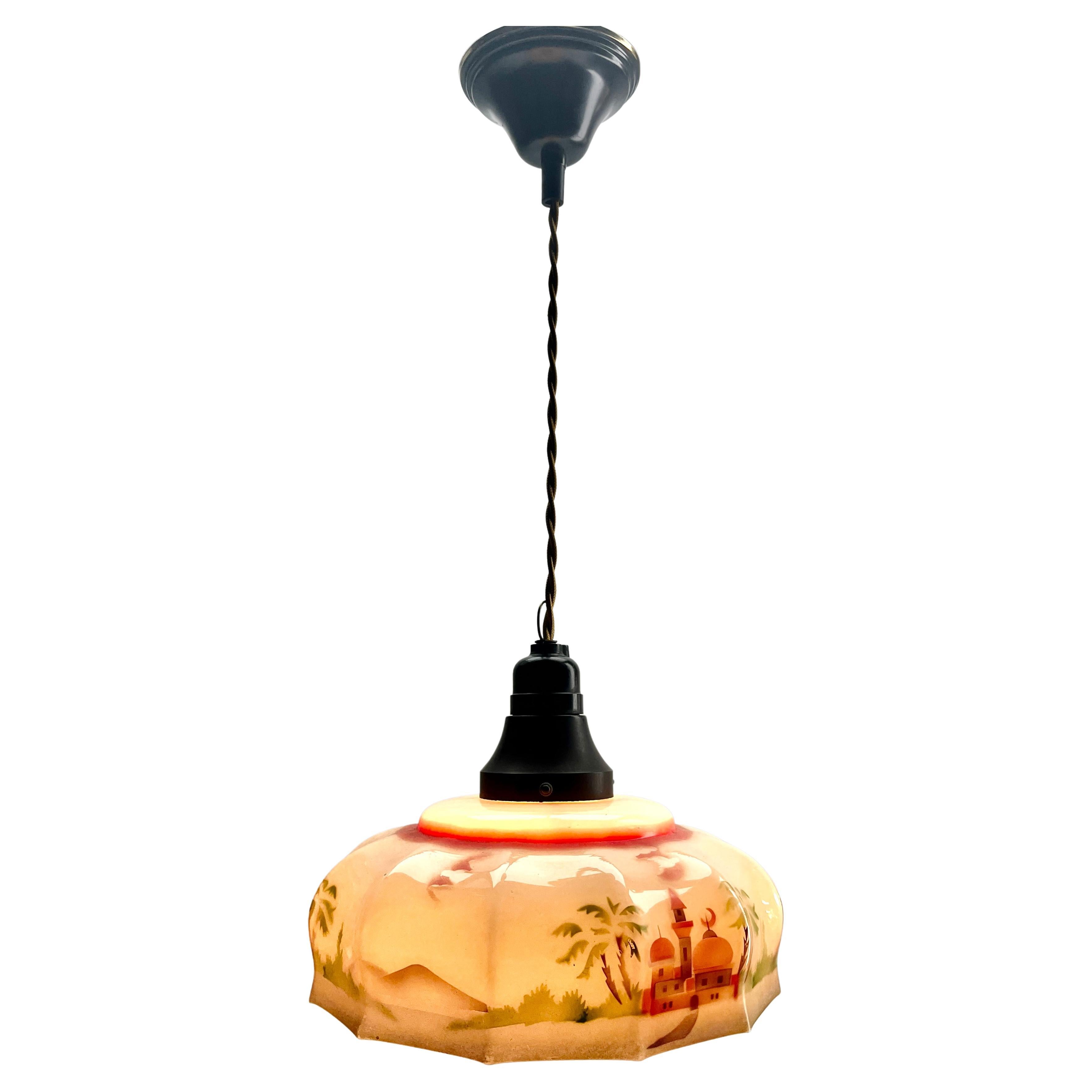 Art Deco Ceiling Lamp Bakelite fitting E27 Scailmont Belgium Glass Shade, 1930s For Sale
