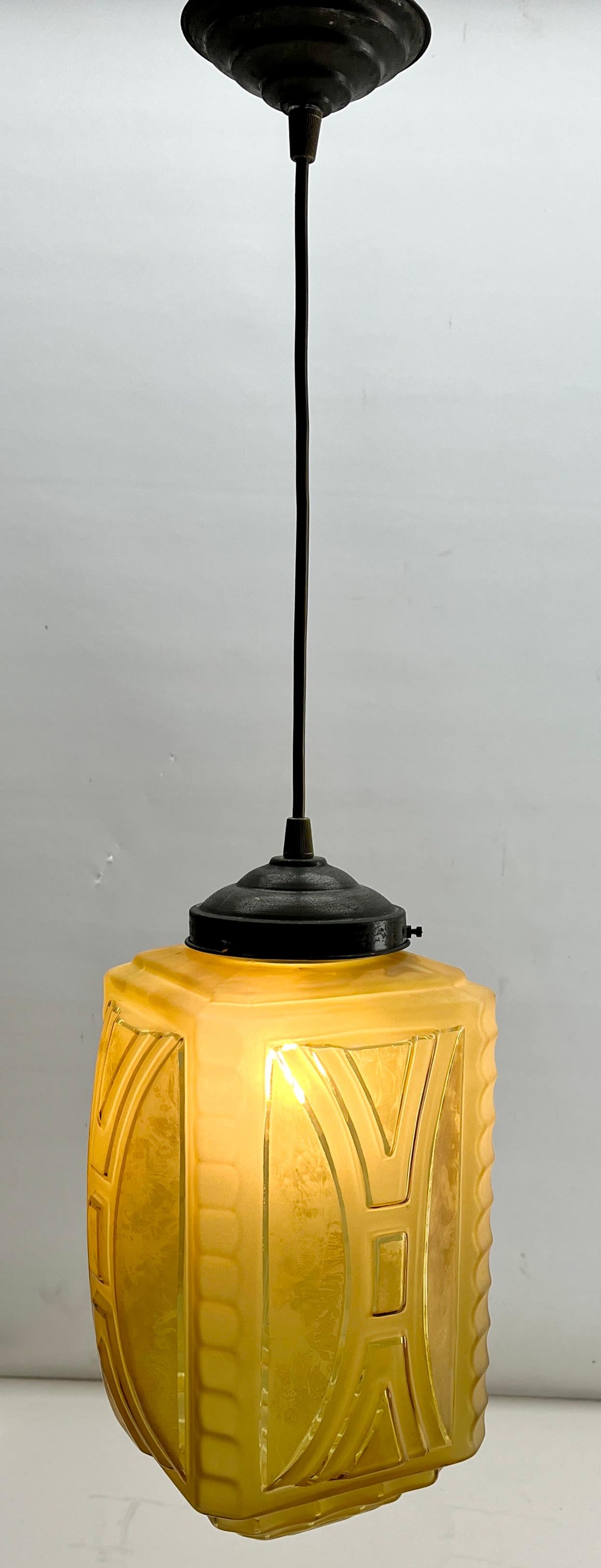 Mid-20th Century Art Deco Ceiling Lamp, Belgium Glass Shade Scailmont, 1930s For Sale