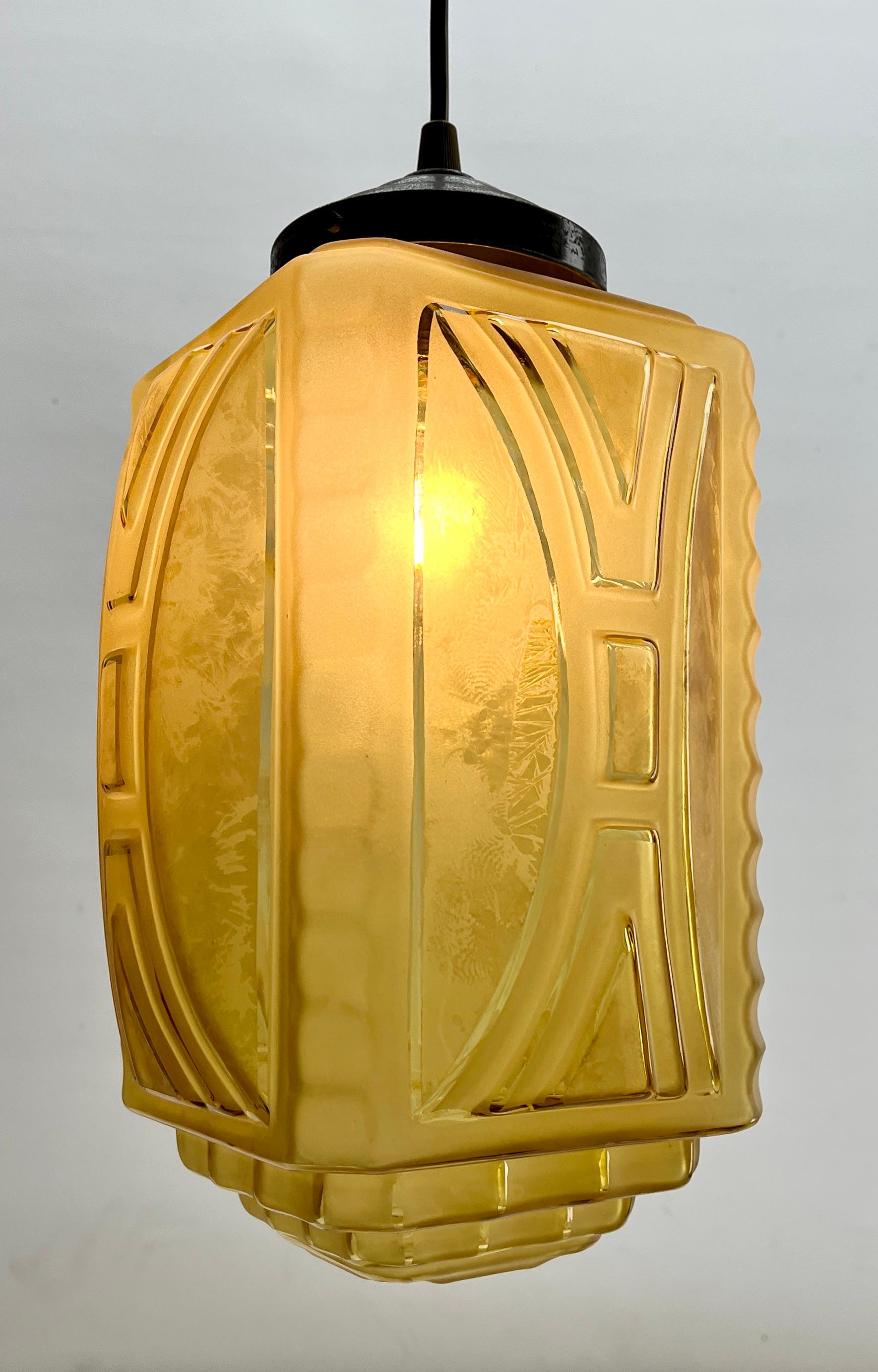 Art Glass Art Deco Ceiling Lamp, Belgium Glass Shade Scailmont, 1930s For Sale
