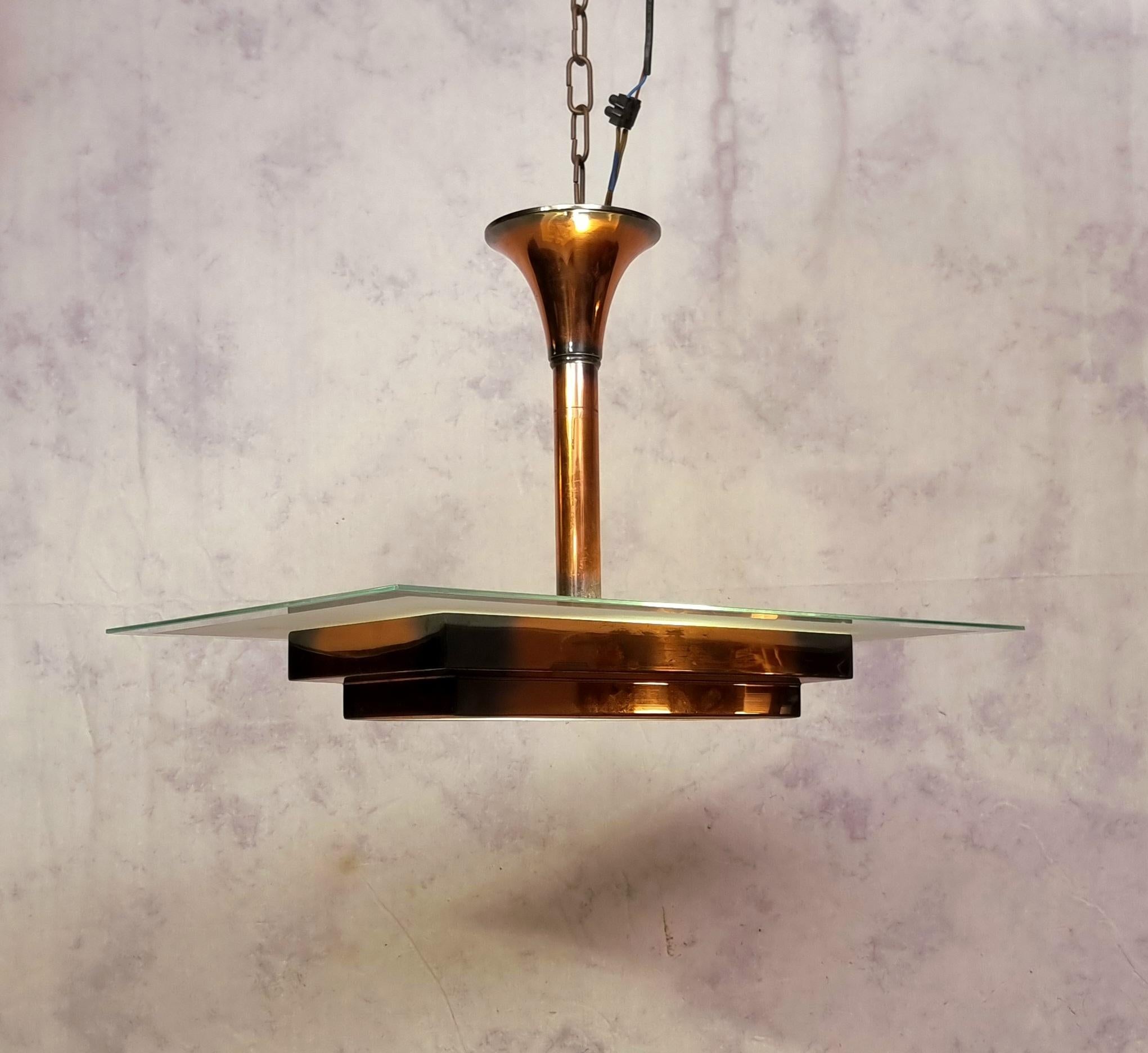 Art Deco Ceiling Lamp By Henri Petitot - Patinated Brass - Ca 1930 In Good Condition For Sale In SAINT-OUEN-SUR-SEINE, FR
