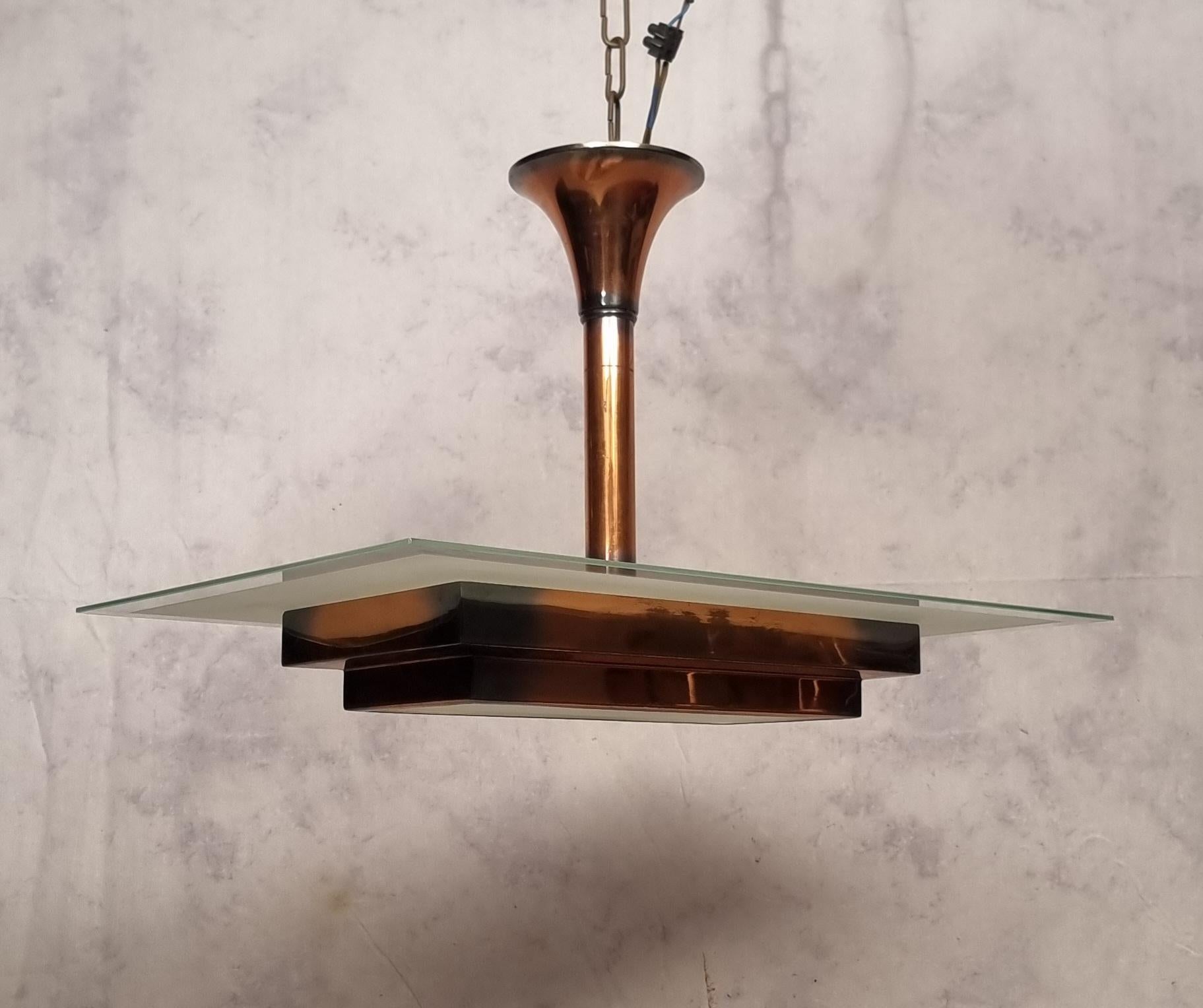 Mid-20th Century Art Deco Ceiling Lamp By Henri Petitot - Patinated Brass - Ca 1930 For Sale