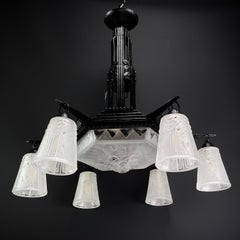 Art Deco Ceiling Lamp by Muller Freres, Luneville and wrought iron by jag, 1930s