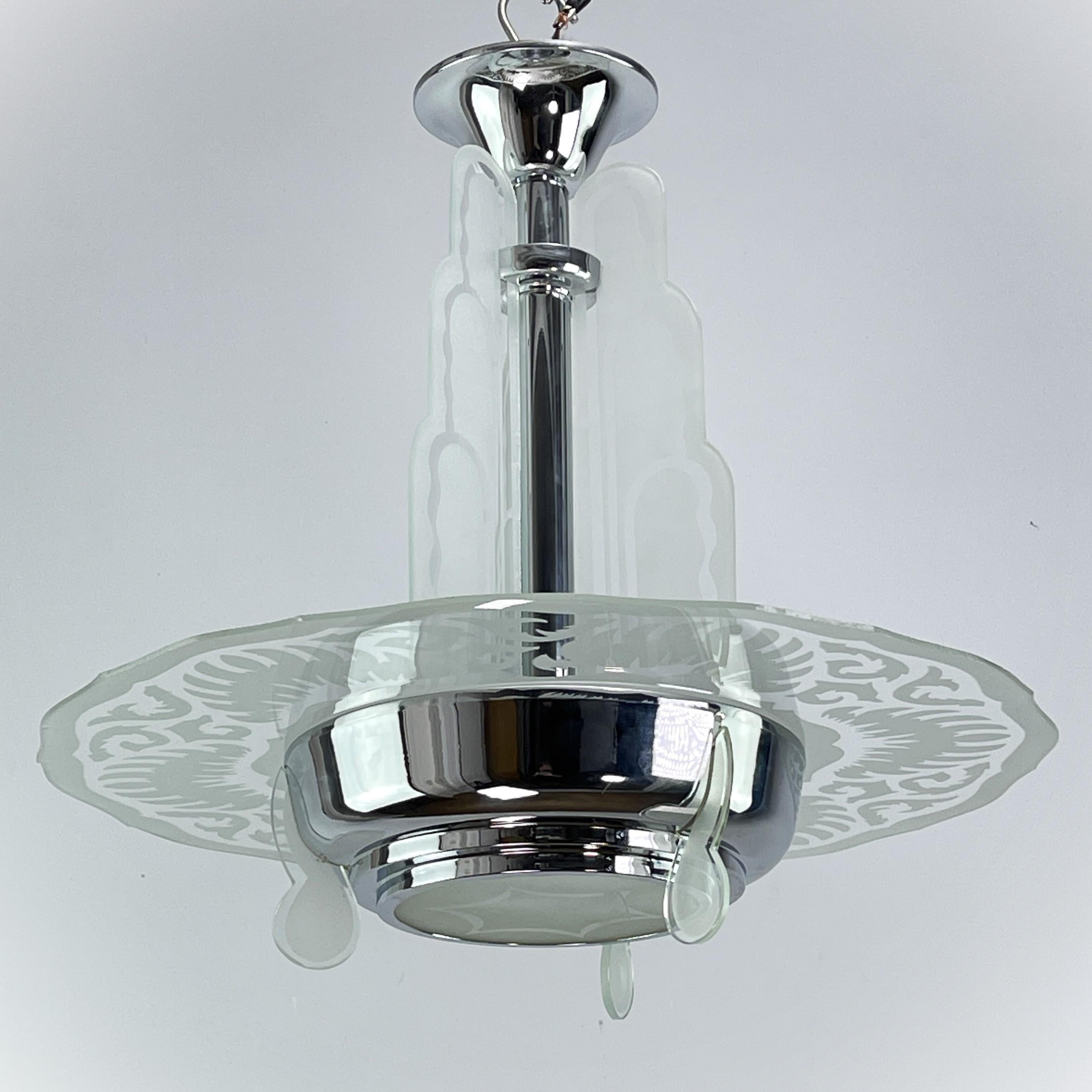 French Art Deco ceiling lamp chandelier Chrom Waterfall,  1930s For Sale