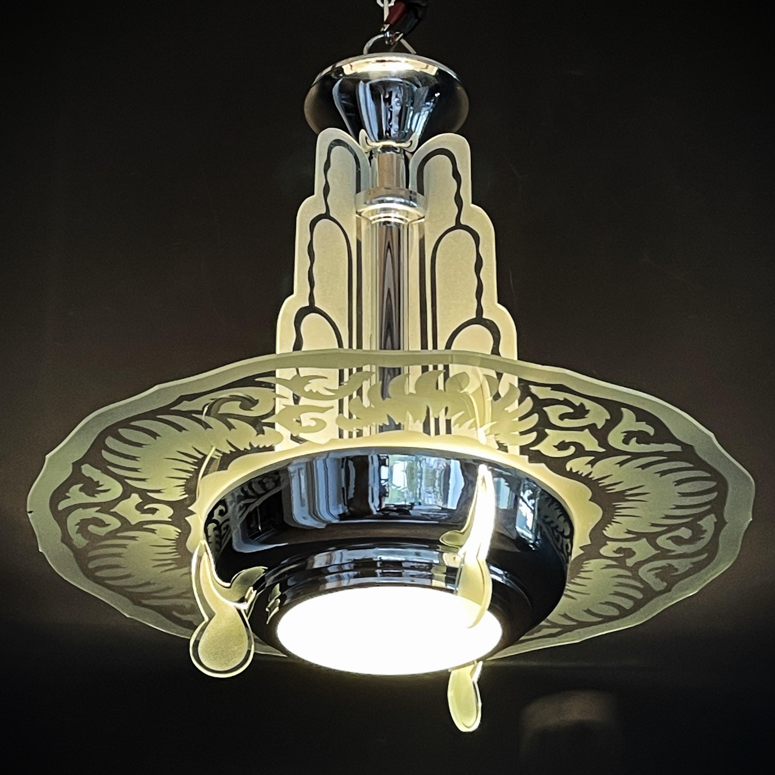Art Deco ceiling lamp chandelier Chrom Waterfall,  1930s In Good Condition For Sale In Saarburg, RP
