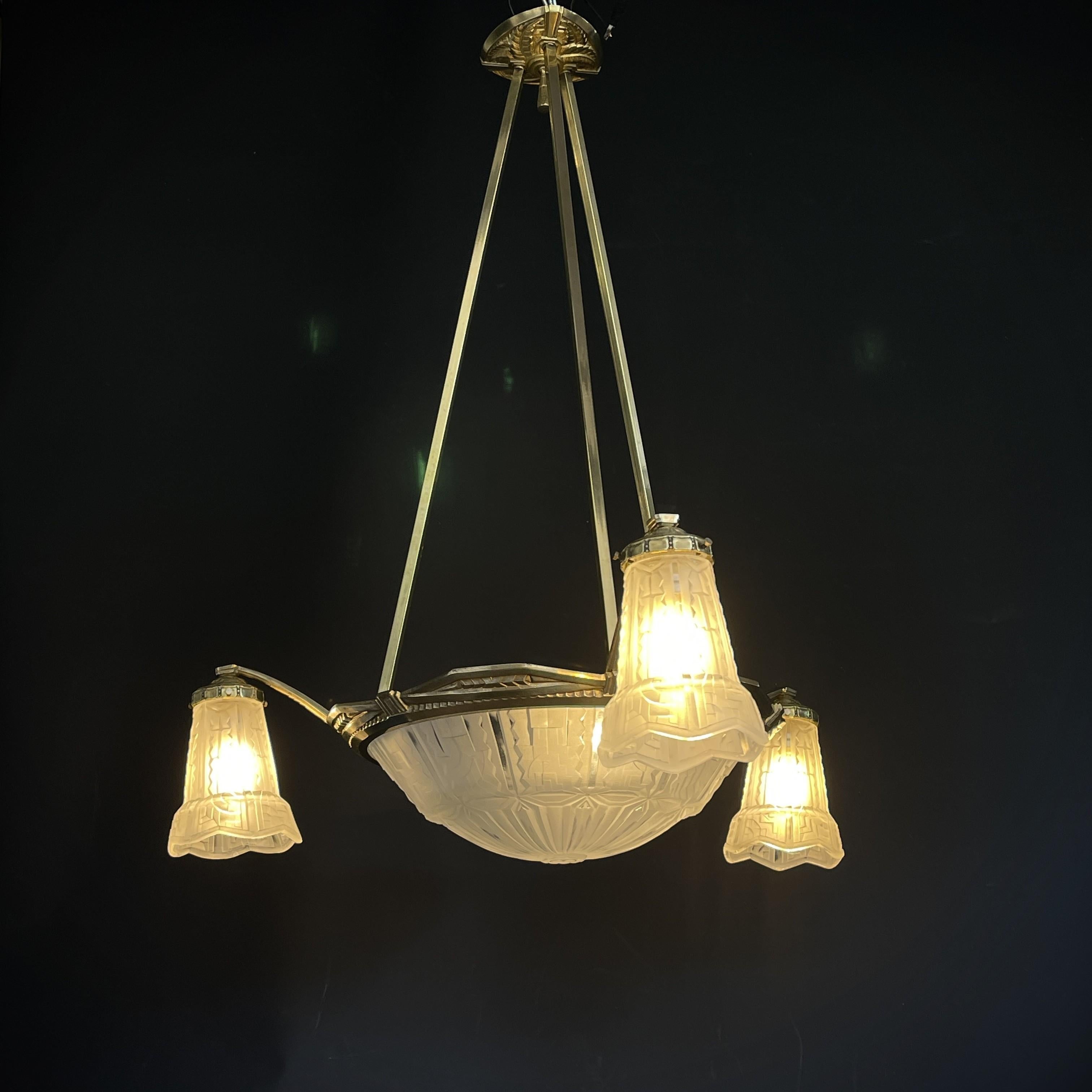 ART DECO lampadario a soffitto P. Maynadier lampada a sospensione in bronzo, anni '30 in vendita 3