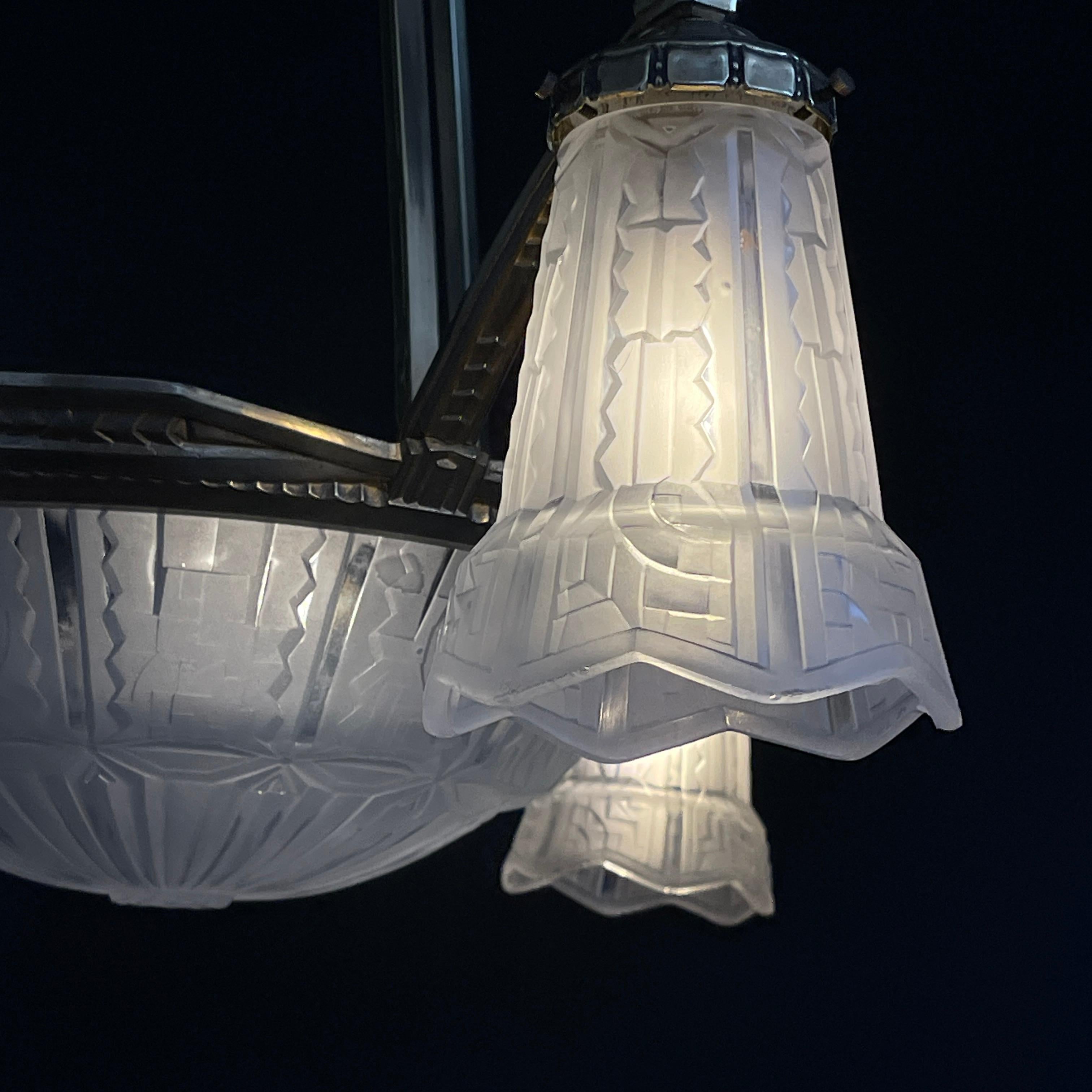 ART DECO lampadario a soffitto P. Maynadier lampada a sospensione in bronzo, anni '30 in vendita 6