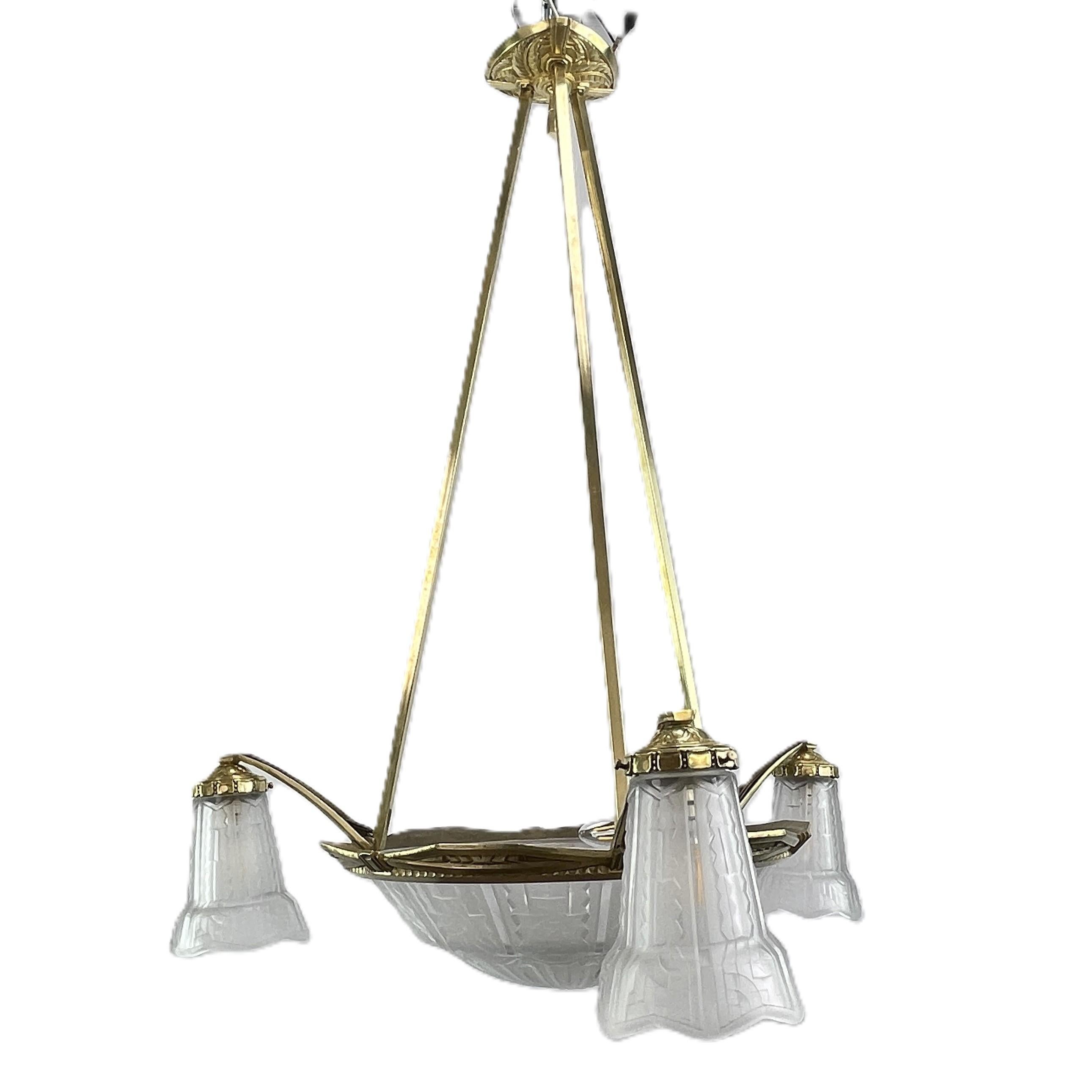 Art Déco ART DECO lampadario a soffitto P. Maynadier lampada a sospensione in bronzo, anni '30 in vendita