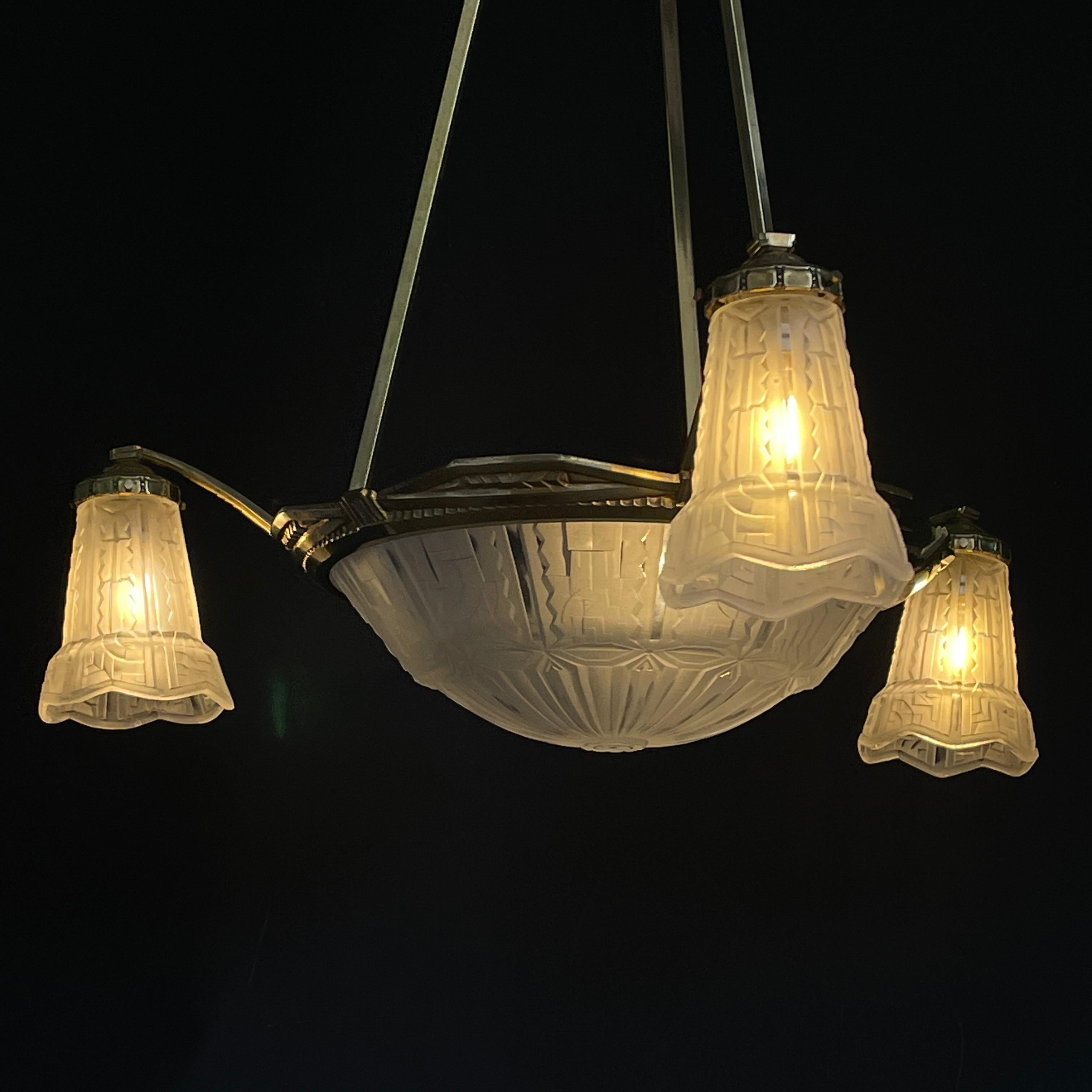 ART DECO lampadario a soffitto P. Maynadier lampada a sospensione in bronzo, anni '30 in vendita 1