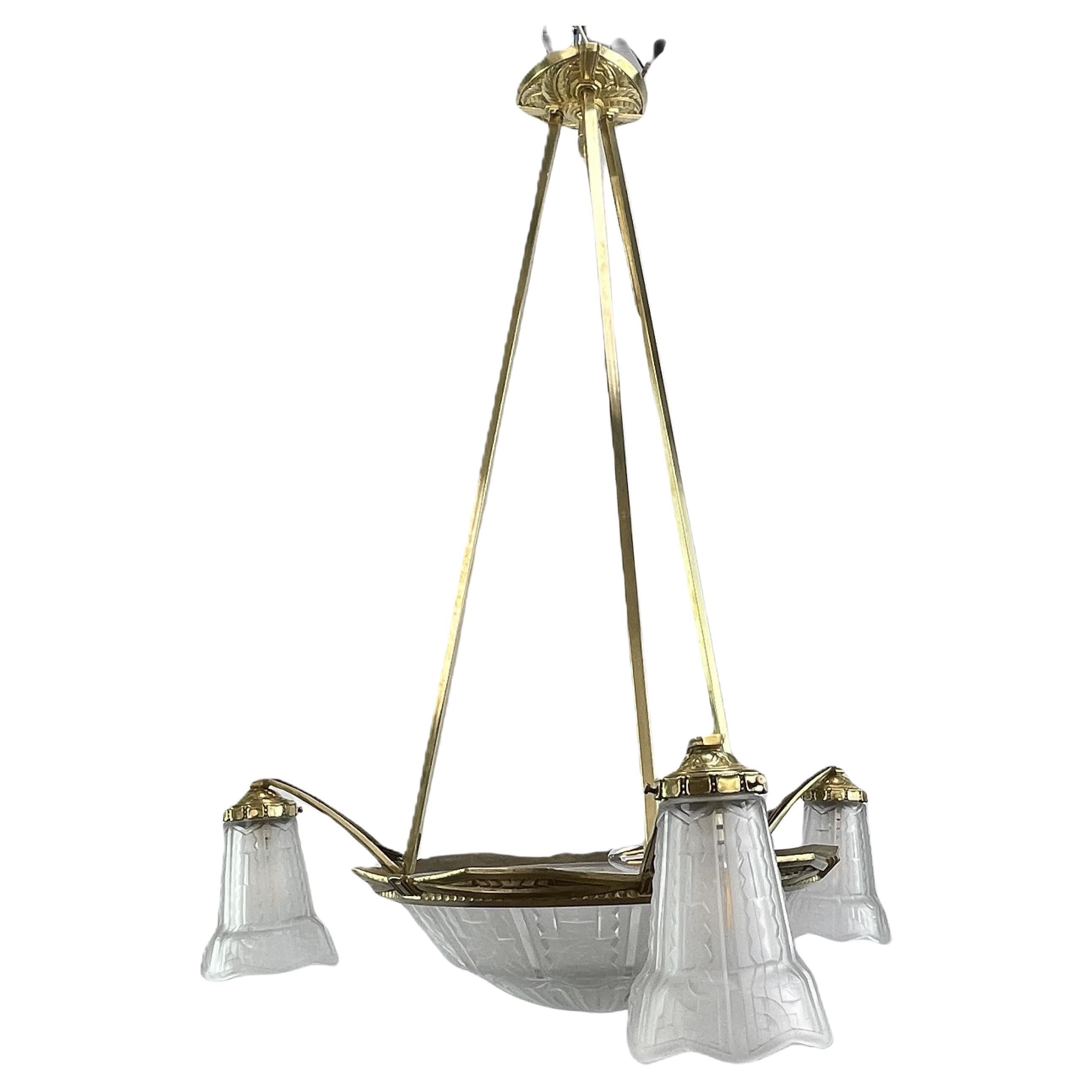 ART DECO Deckenleuchte, Kronleuchter P. Maynadier, Hängeleuchte aus Bronze, ART DECO, 1930er-Jahre