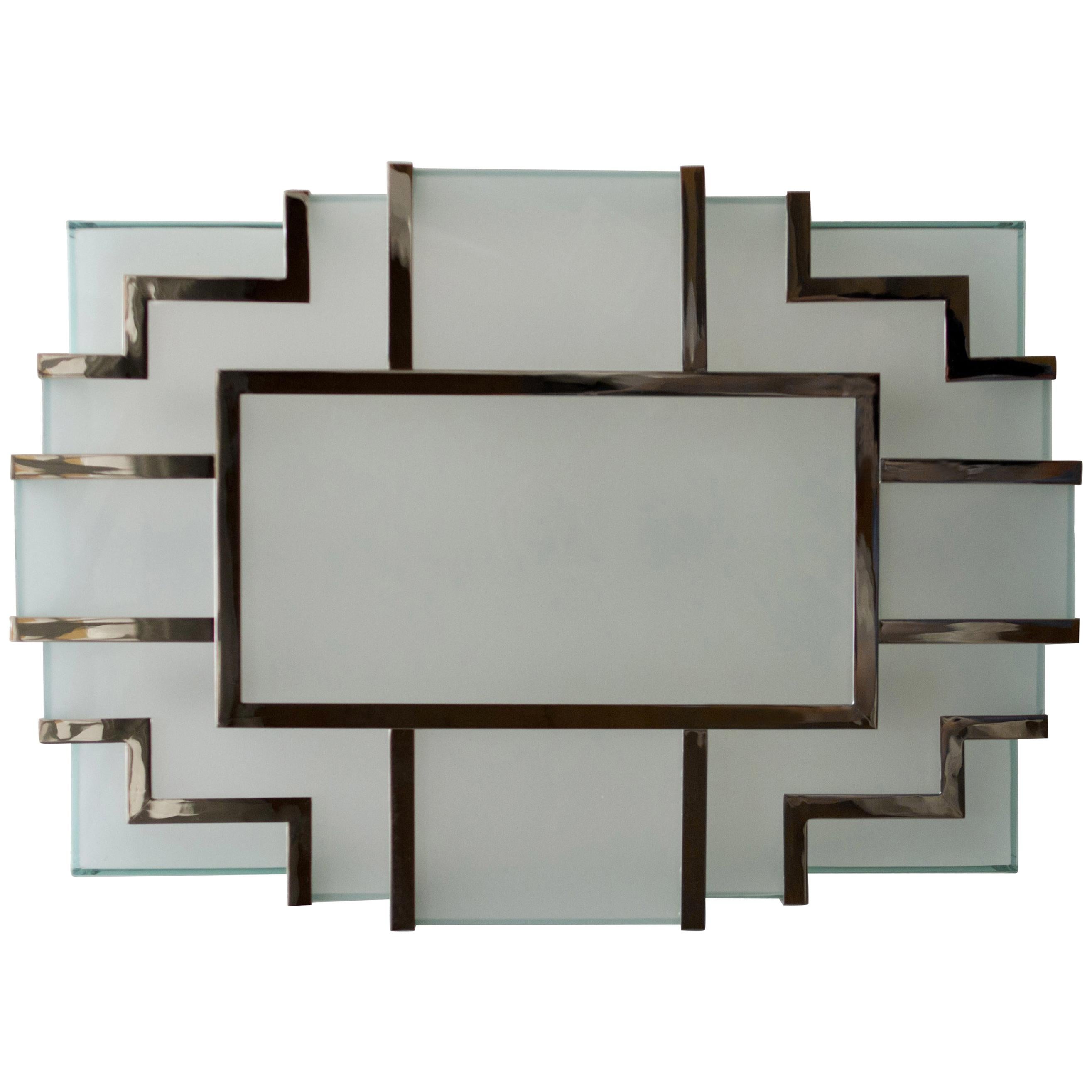 Art Deco modernist brass ceiling lamp with nickel finish.
