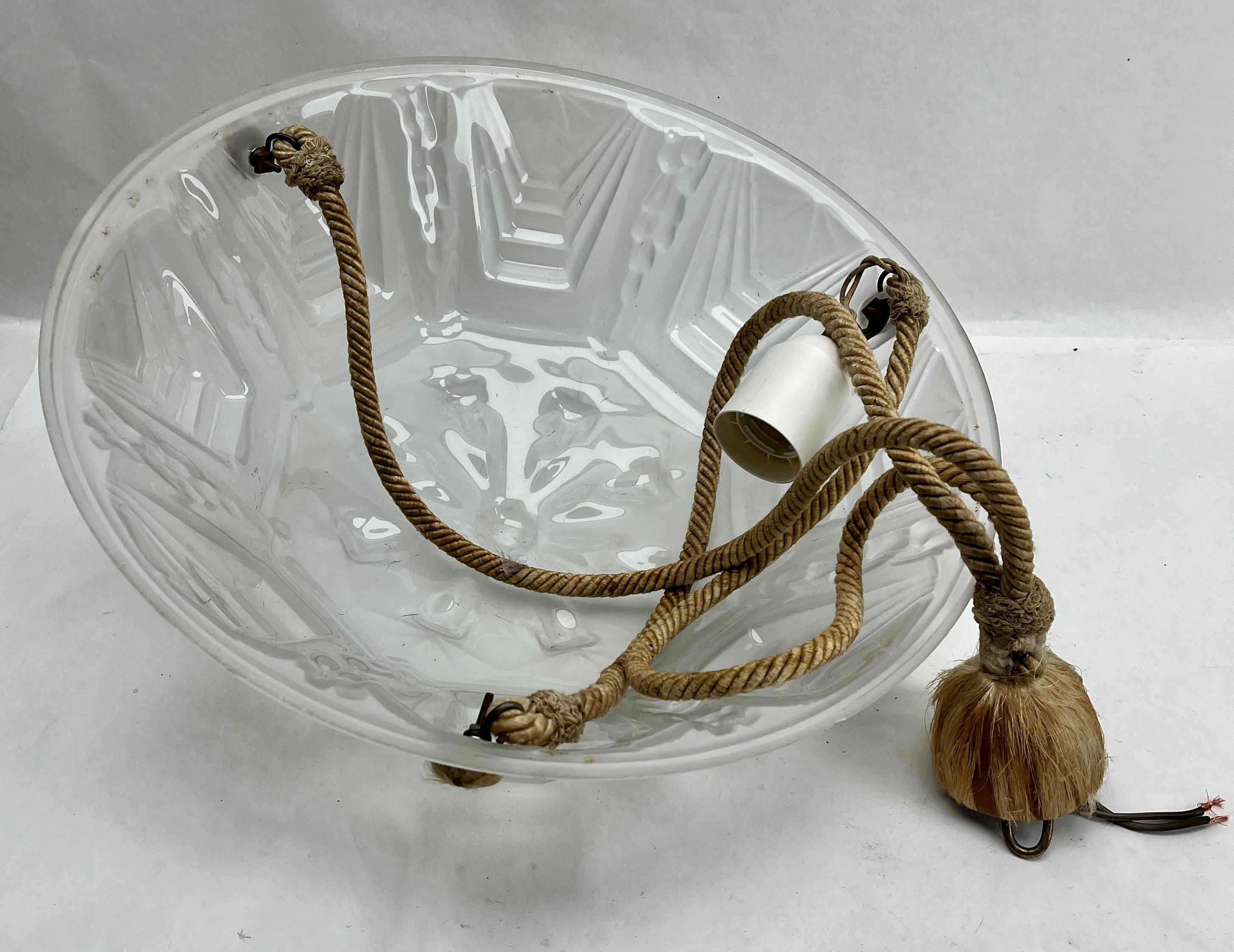 Art Deco Ceiling Lamp, French Glass Shade, 1930s For Sale 4