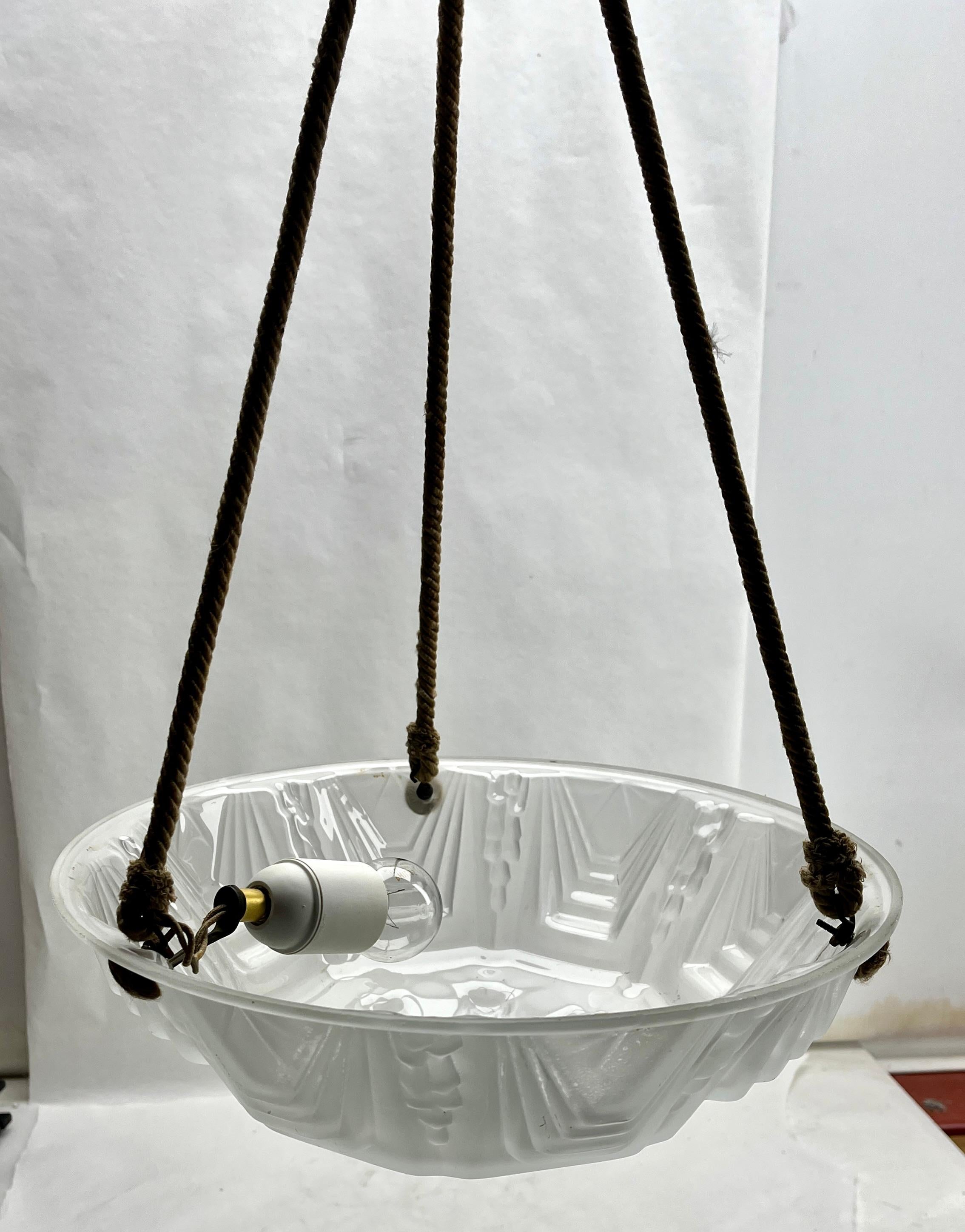 Mid-20th Century Art Deco Ceiling Lamp, French Glass Shade, 1930s For Sale