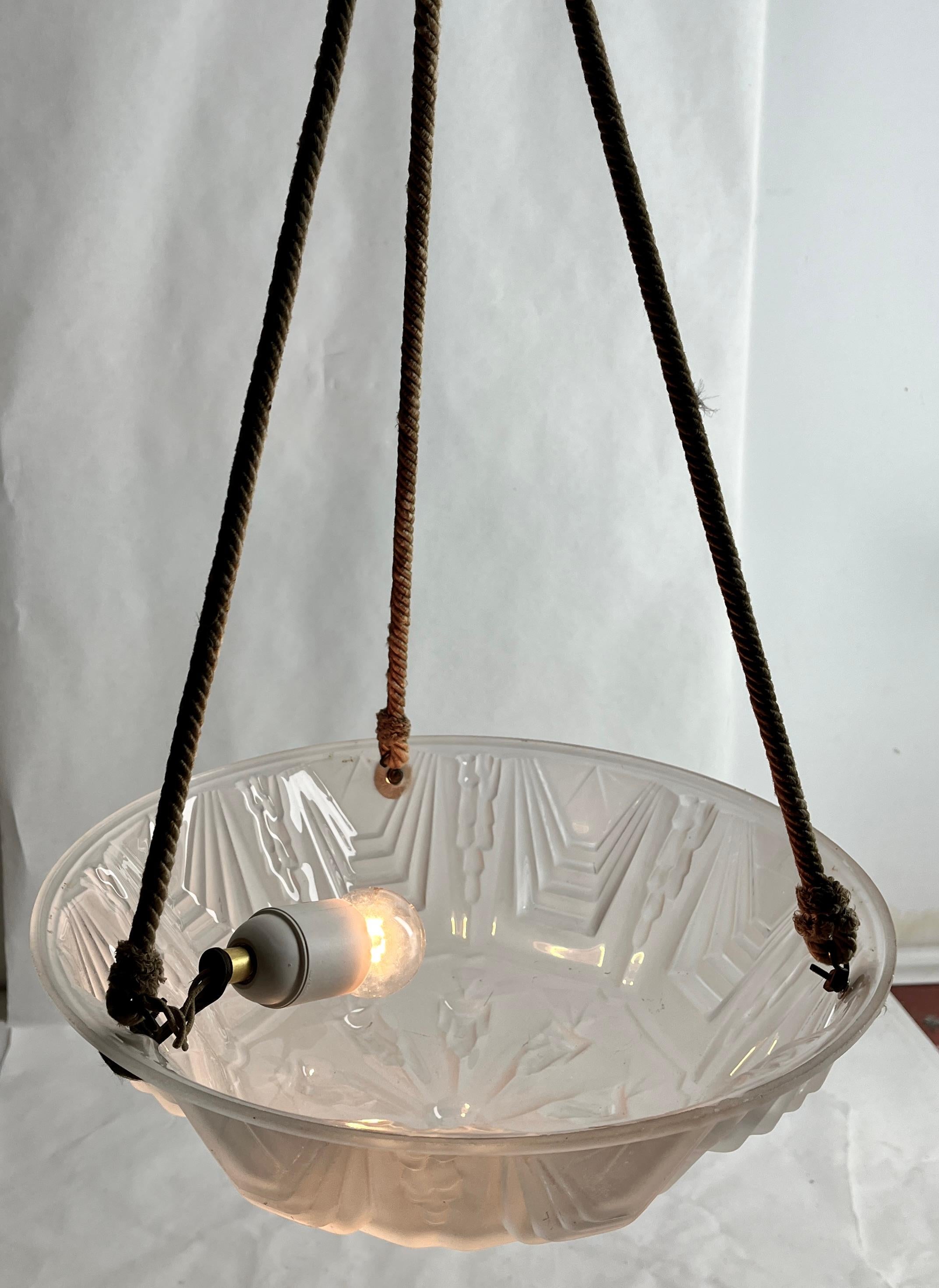 Art Glass Art Deco Ceiling Lamp, French Glass Shade, 1930s For Sale