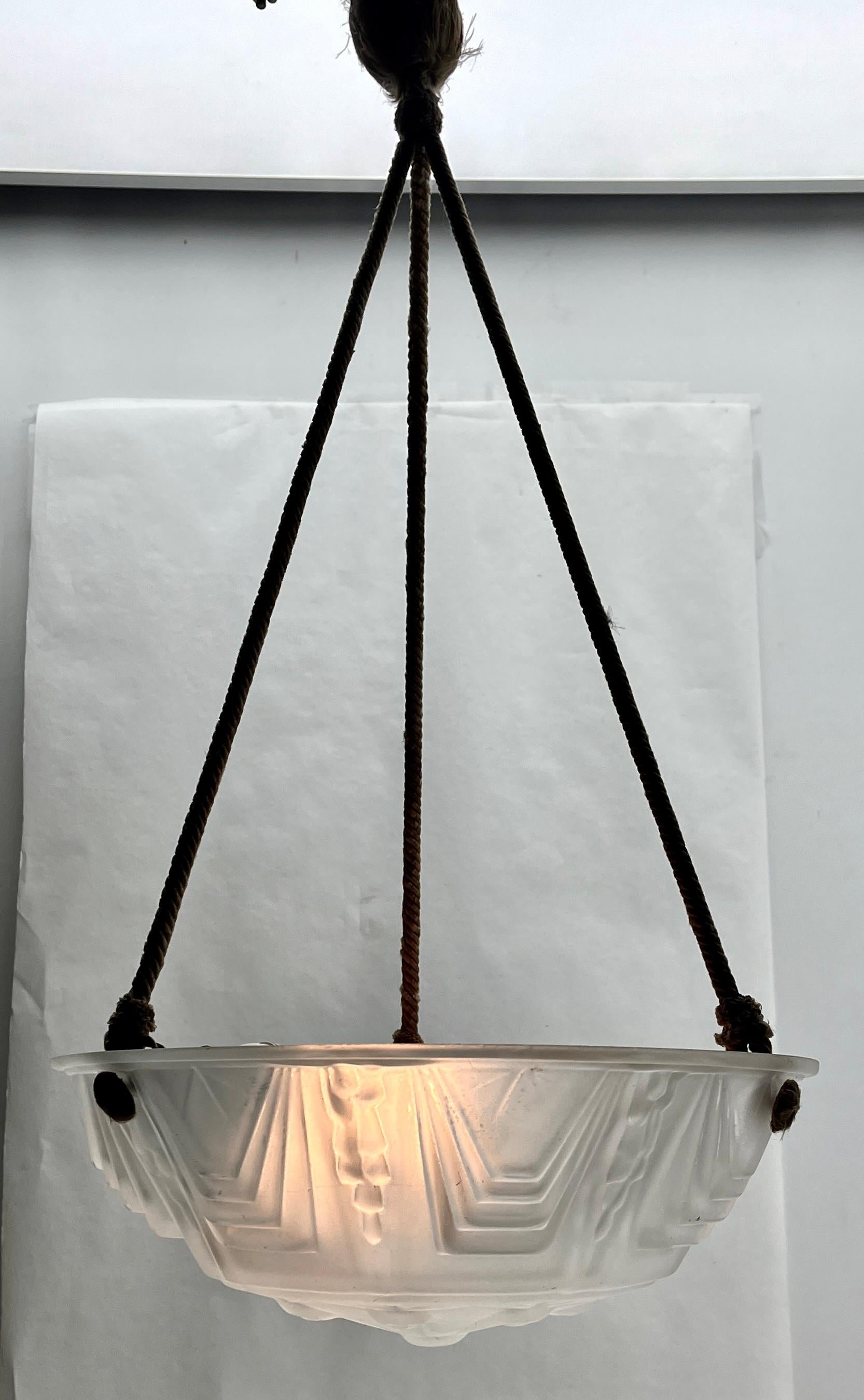 Art Deco Ceiling Lamp, French Glass Shade, 1930s For Sale 1
