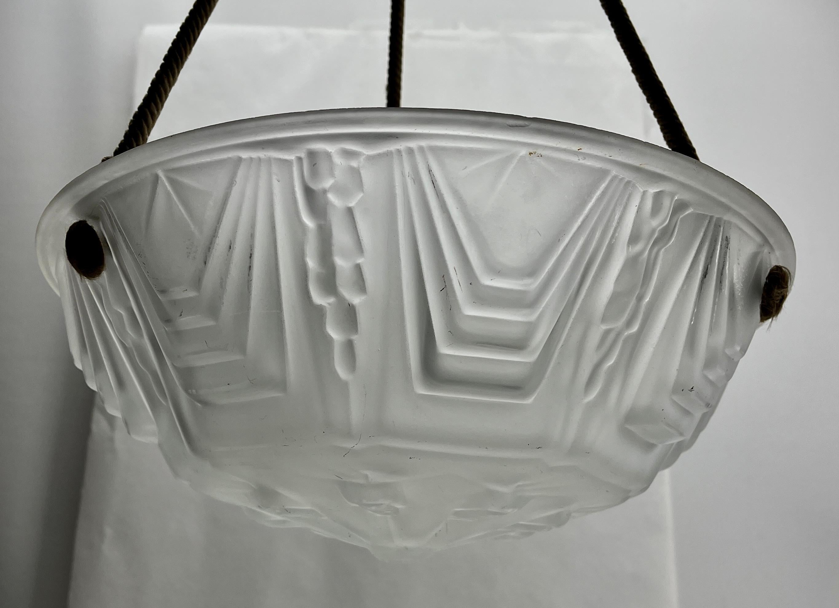 Art Deco Ceiling Lamp, French Glass Shade, 1930s For Sale 2