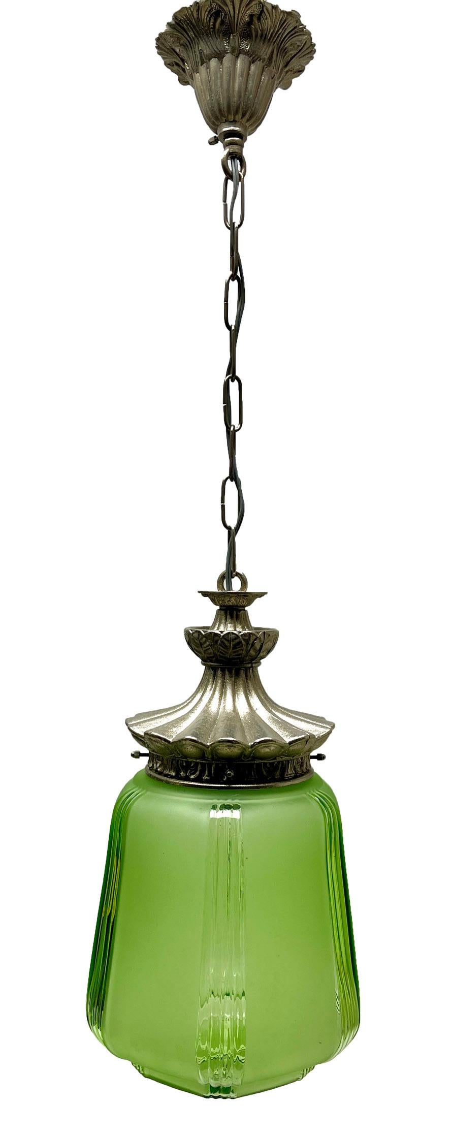 Art Deco Ceiling Lamp Green, Scailmont Belgium Glass Shade, 1930s at