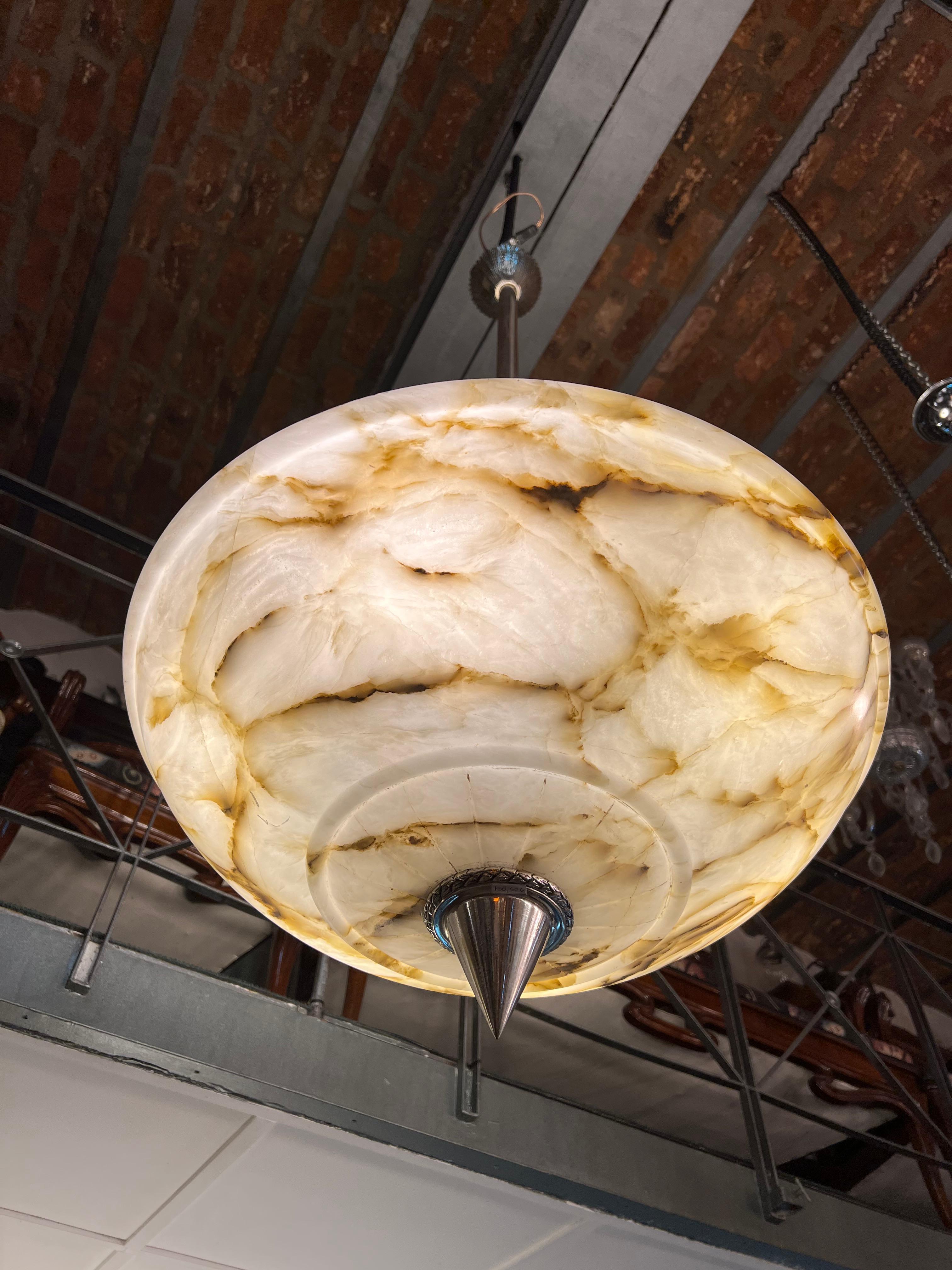 Art Deco Ceiling Lamp in Alabaster and Chrome, 1930, Measure: Diameter: 23.62 in For Sale 6