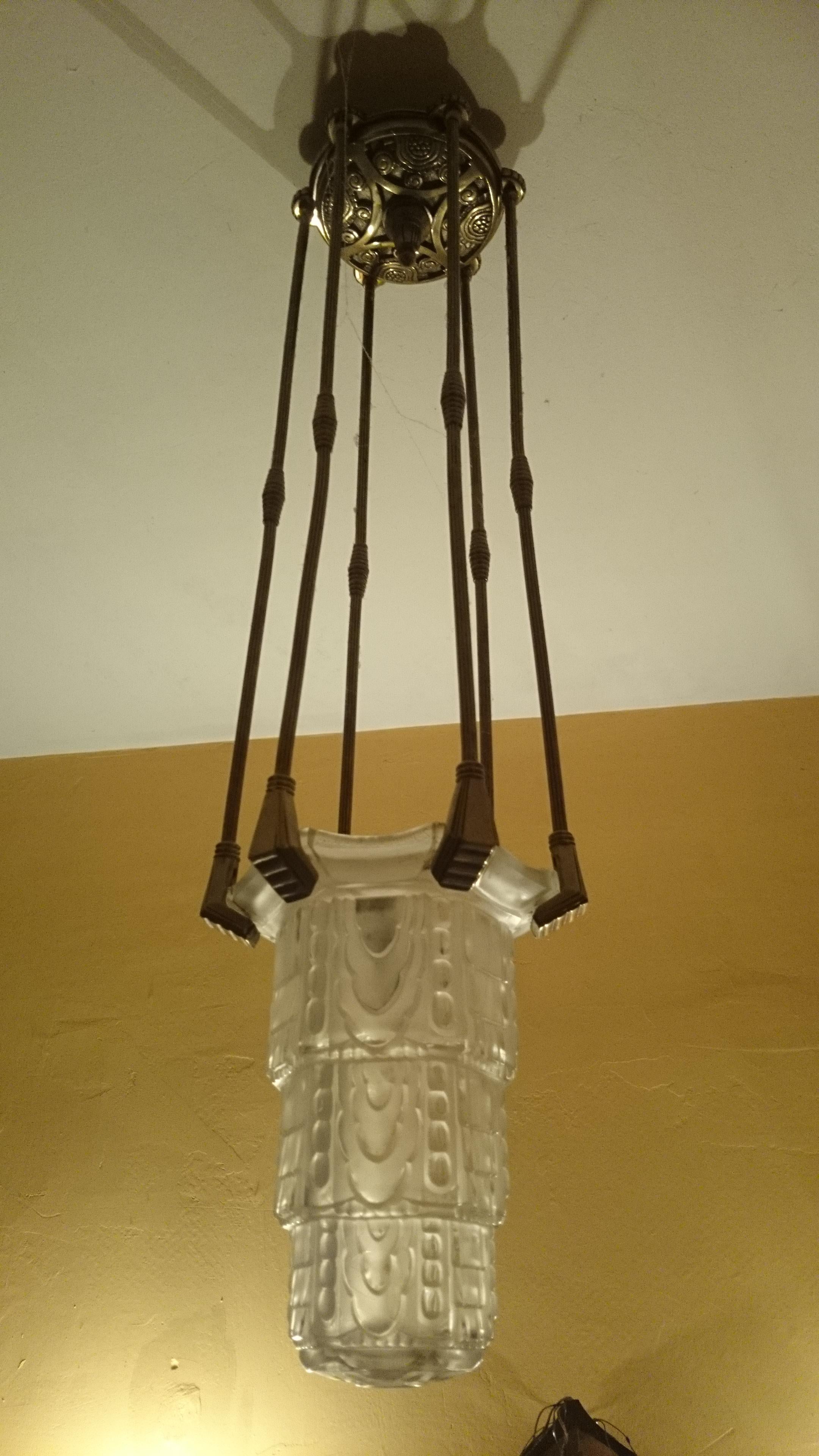 French Art Deco ceiling lamp / lantern by Marius Ernest Sabino. Signed and numbered in the glass. 