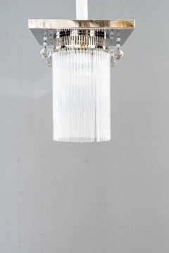 Art Deco ceiling lamp nickel-plated with 4 original hanging glass parts 1920s