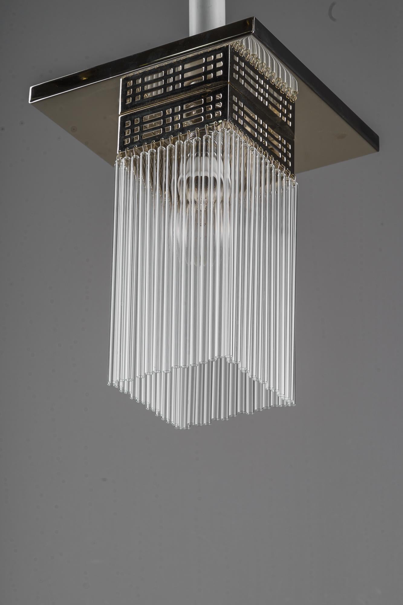 Austrian Art Deco ceiling lamp nickel - plated with glass sticks around 1920s For Sale