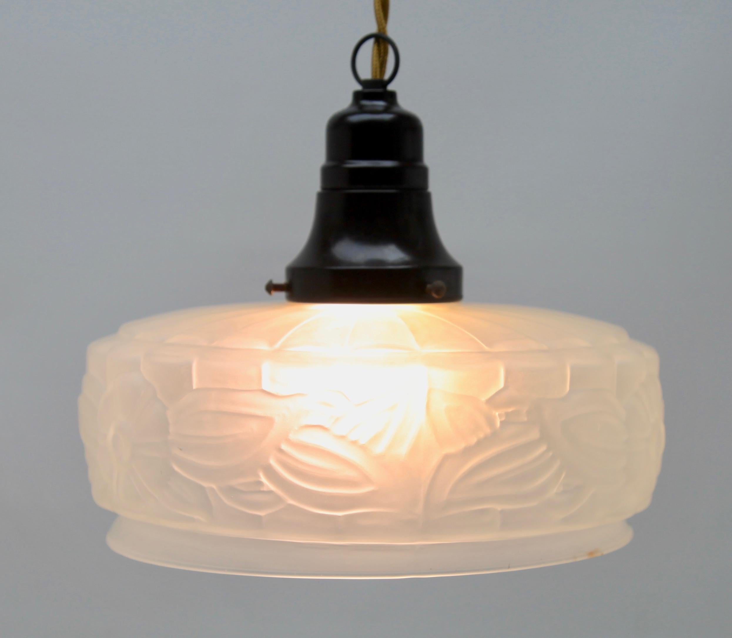 Art Nouveau Art Deco Ceiling Lamp, Scailmont Belgium Glass Shade, 1930s