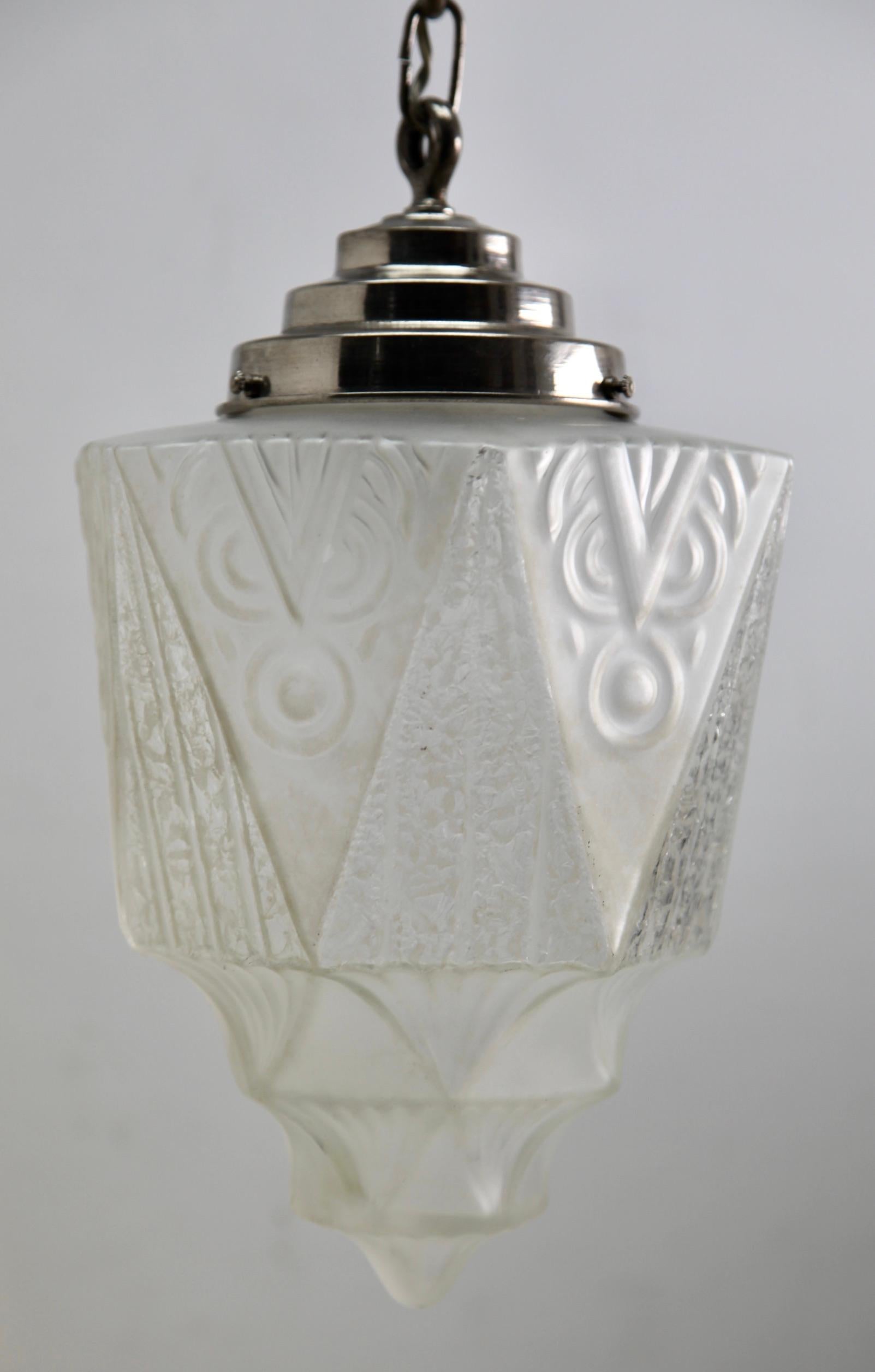 Belgian Art Deco Ceiling Lamp, Scailmont Belgium Glass Shade, 1930s For Sale