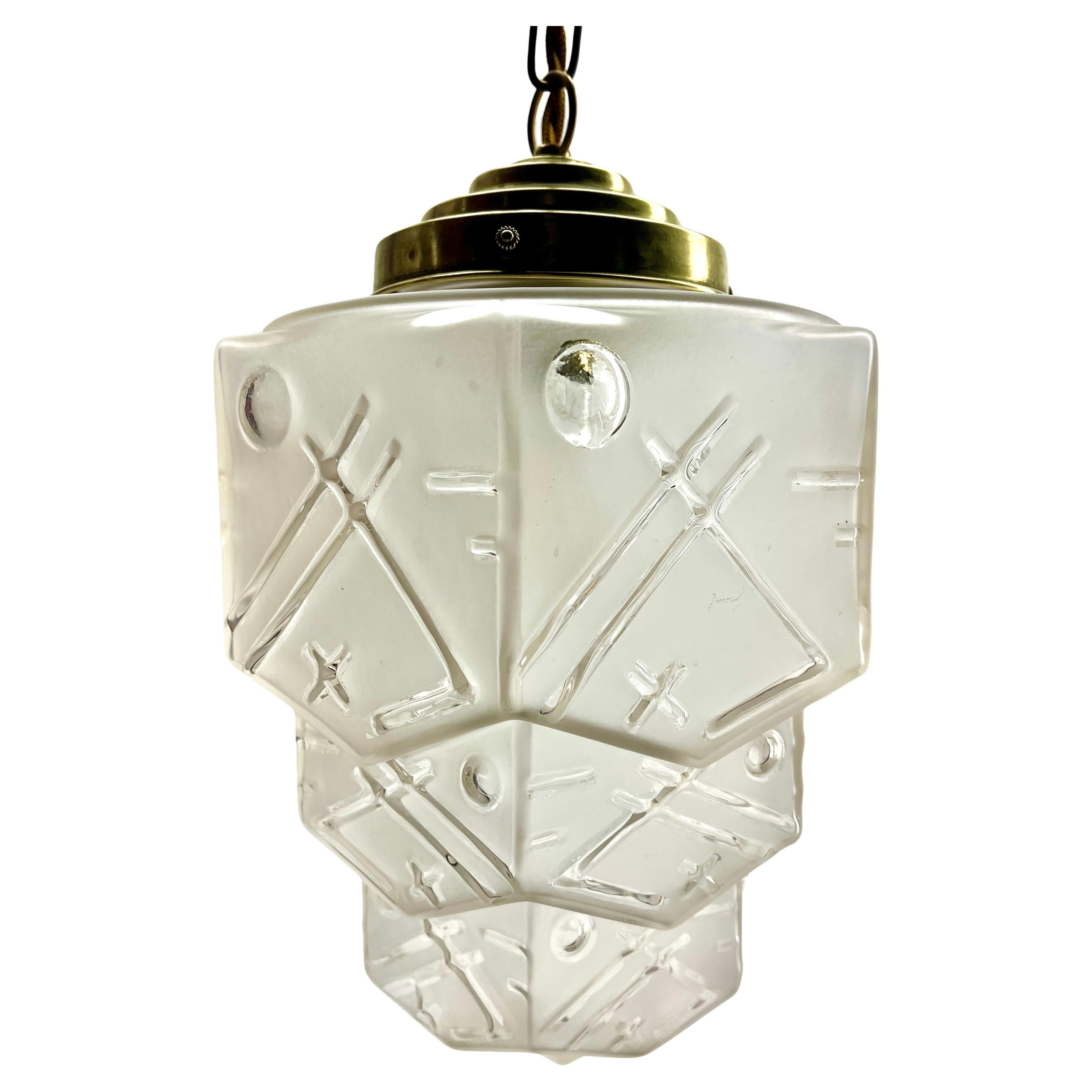 Hand-Crafted Art Deco Ceiling Lamp, Scailmont Belgium Glass Shade, 1930s For Sale