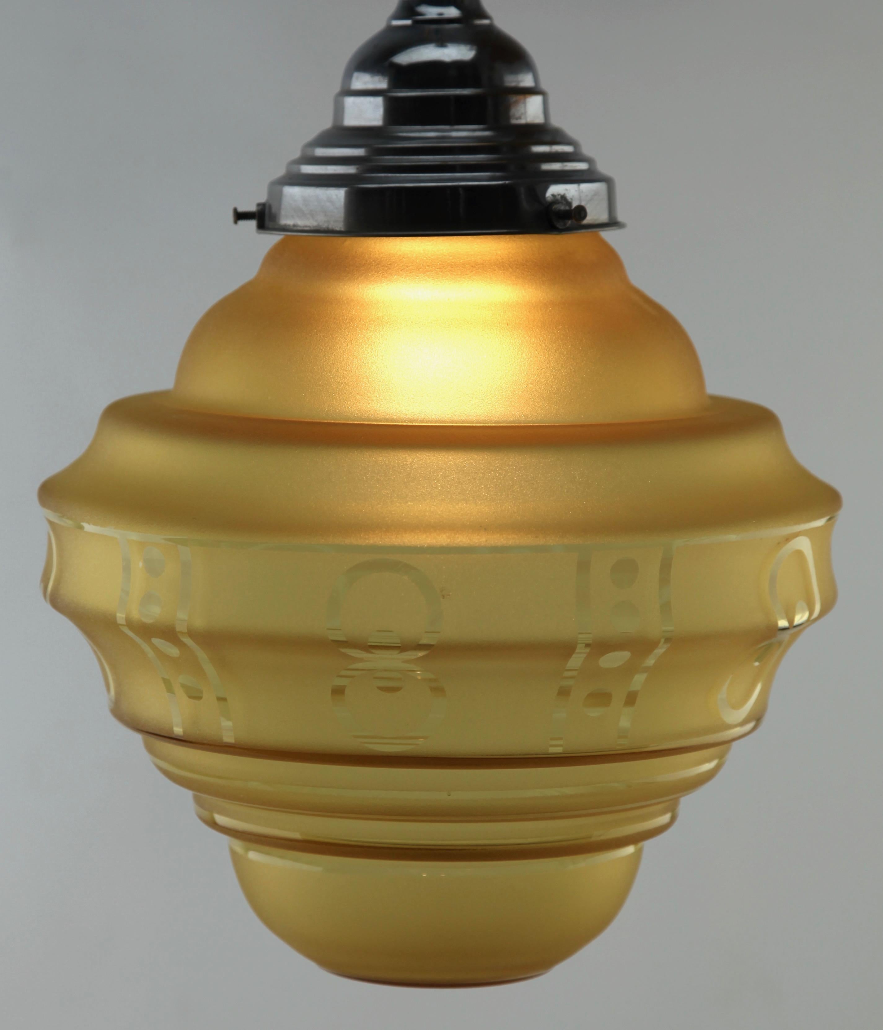 Belgian Art Deco Ceiling Lamp, Scailmont Belgium Glass Shade, 1930s For Sale