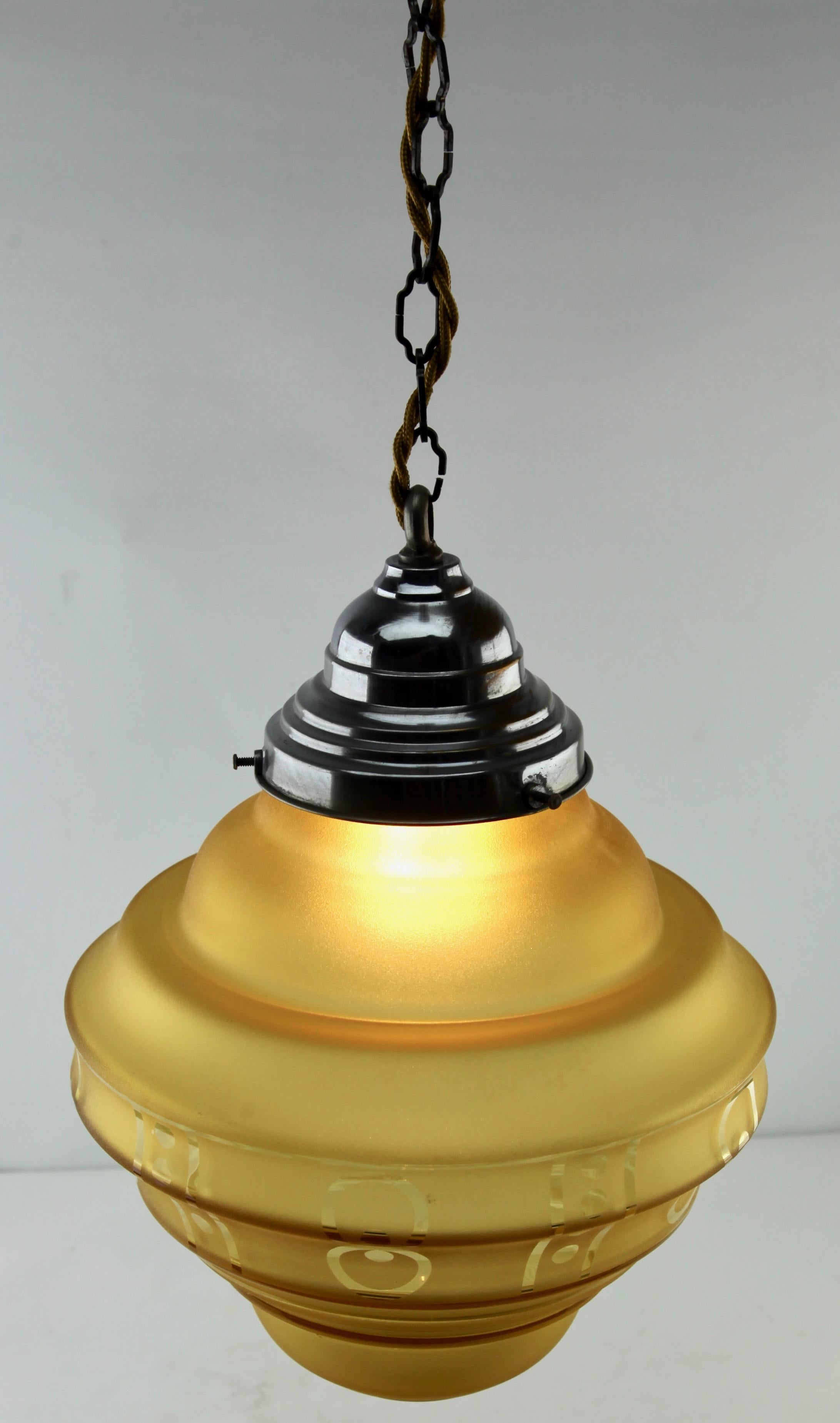 Hand-Crafted Art Deco Ceiling Lamp, Scailmont Belgium Glass Shade, 1930s For Sale