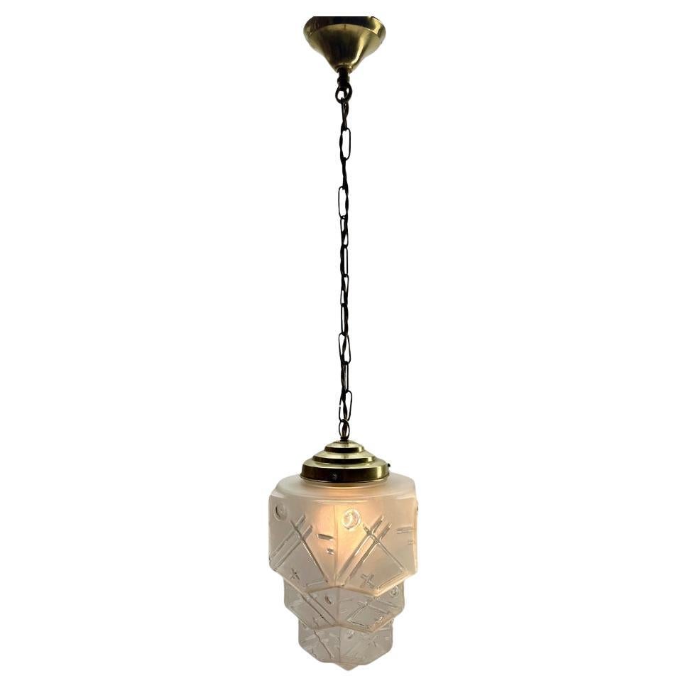 Mid-20th Century Art Deco Ceiling Lamp, Scailmont Belgium Glass Shade, 1930s For Sale